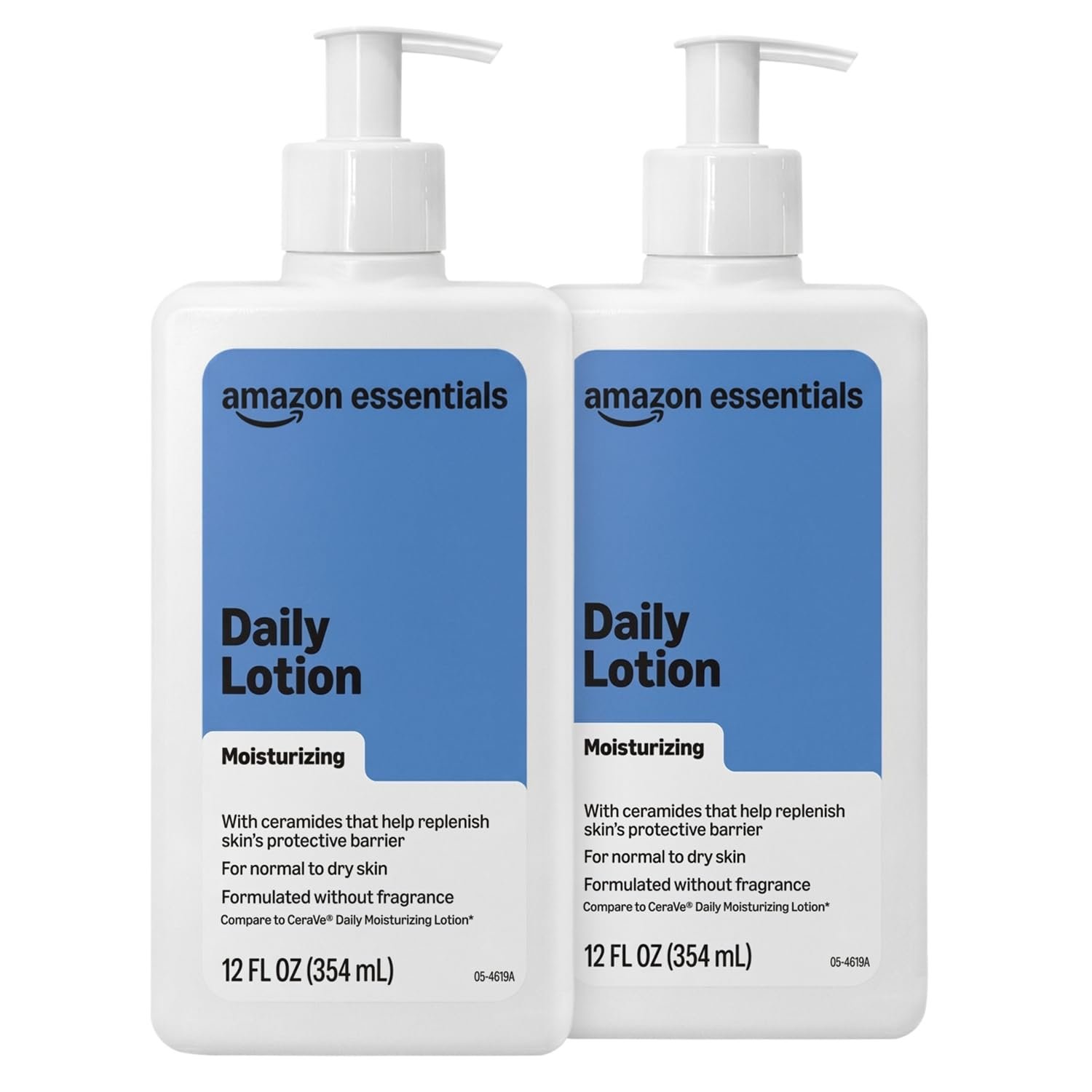 Amazon Essentials Daily Moisturizing Lotion for Face and Body, Fragrance Free, with Ceramides, 12 Fluid Ounces, 2-Pack