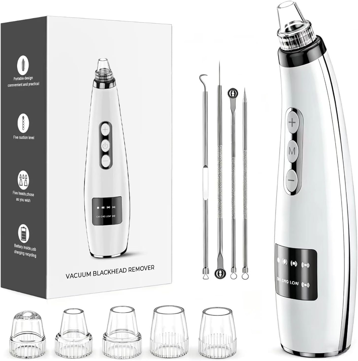Blackhead Remover Pore Vacuum, Blackhead Vacuum, Facial Pore Cleaner with 5 Adjustable Suction Levels, 5 Probes, USB Rechargeable Pore Cleaner, Electric Comedone Whitehead Extractor Tools