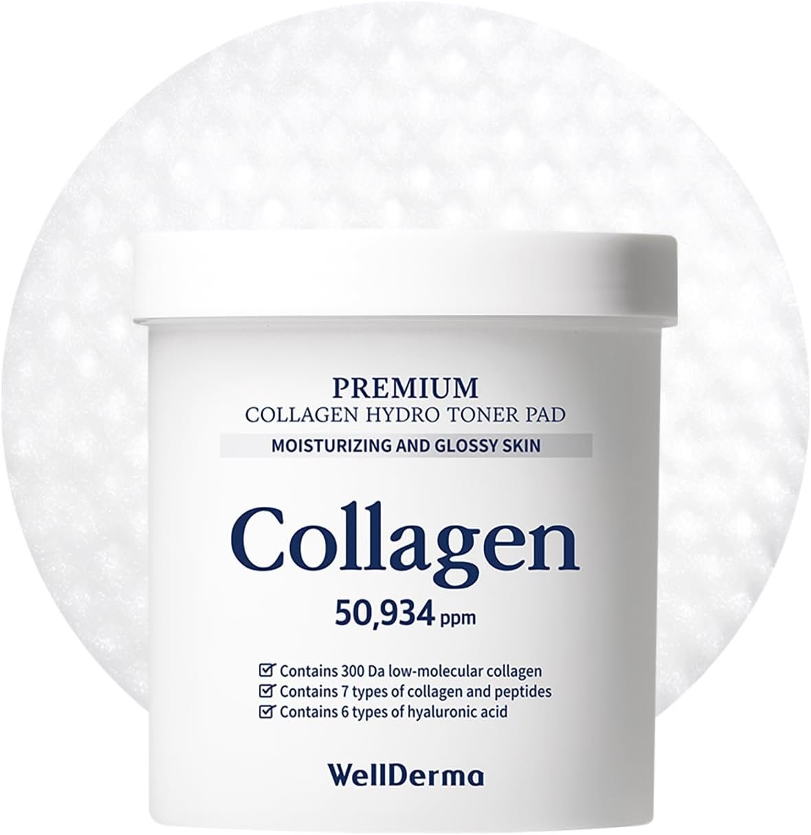 Wellderma Premium Hydro Toner Pad, 250ml / 60 Pads – Hydrating & Firming with Collagen Water 50,934ppm, 7 Peptides & 6 Hyaluronic Acids, Large 75mm Size