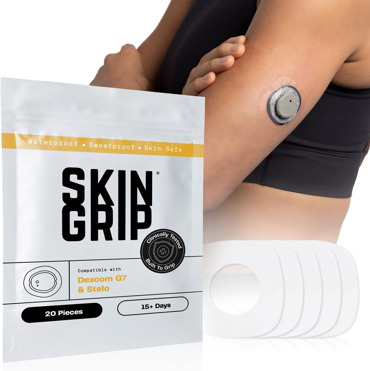 Skin Grip Adhesive Patches Compatible with Dexcom G7 & Stelo CGM with Cutout – Waterproof & Sweatproof Cover for Continuous Glucose Monitor Sensor, Stays Secure for 10-15 Days – 20 Pack, Clear