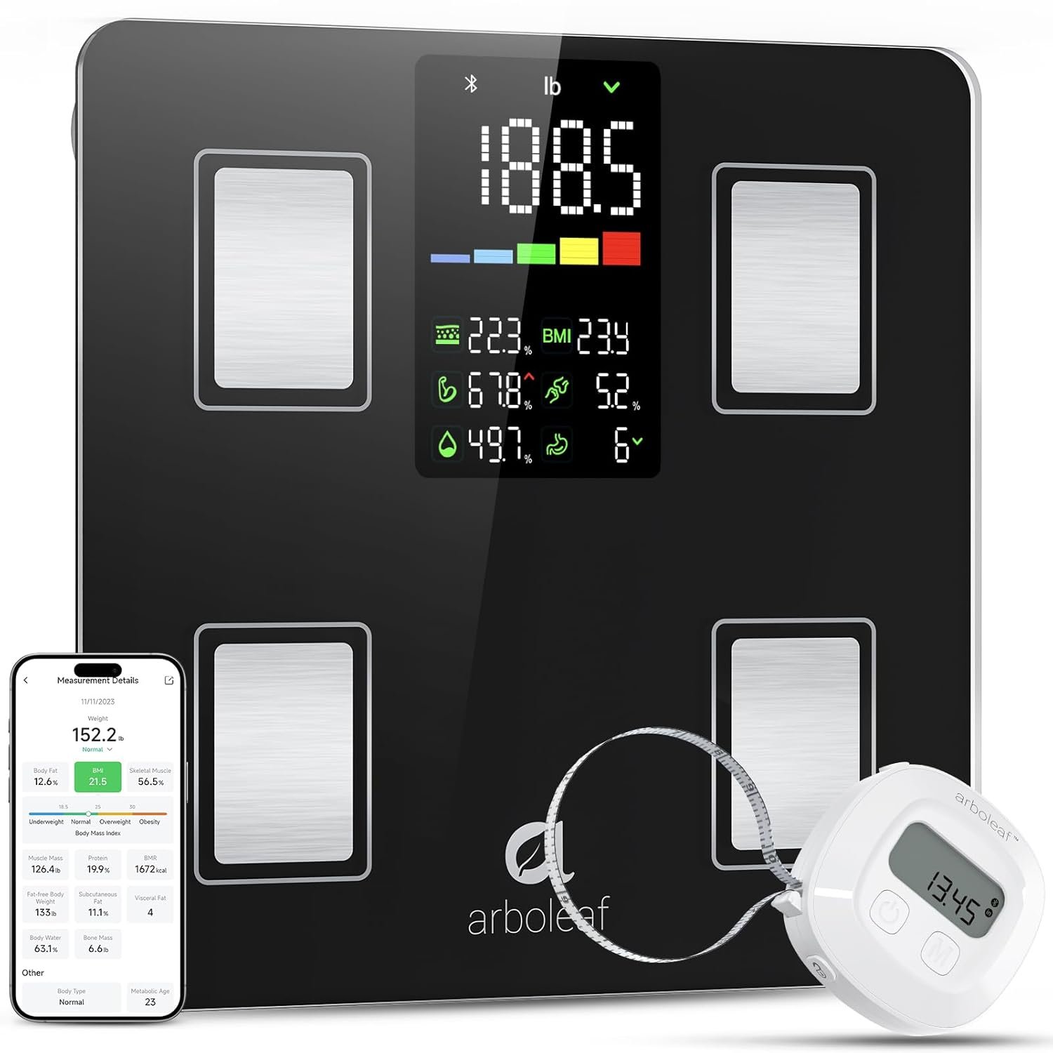 arboleaf Smart Scale and Tape Measure, Body Fat Measuring Tape and Smart Scale for Body Weight, Digital Bluetooth Weighing Machine, Circumference Analyzer, App Sync, 400lbs, 11″