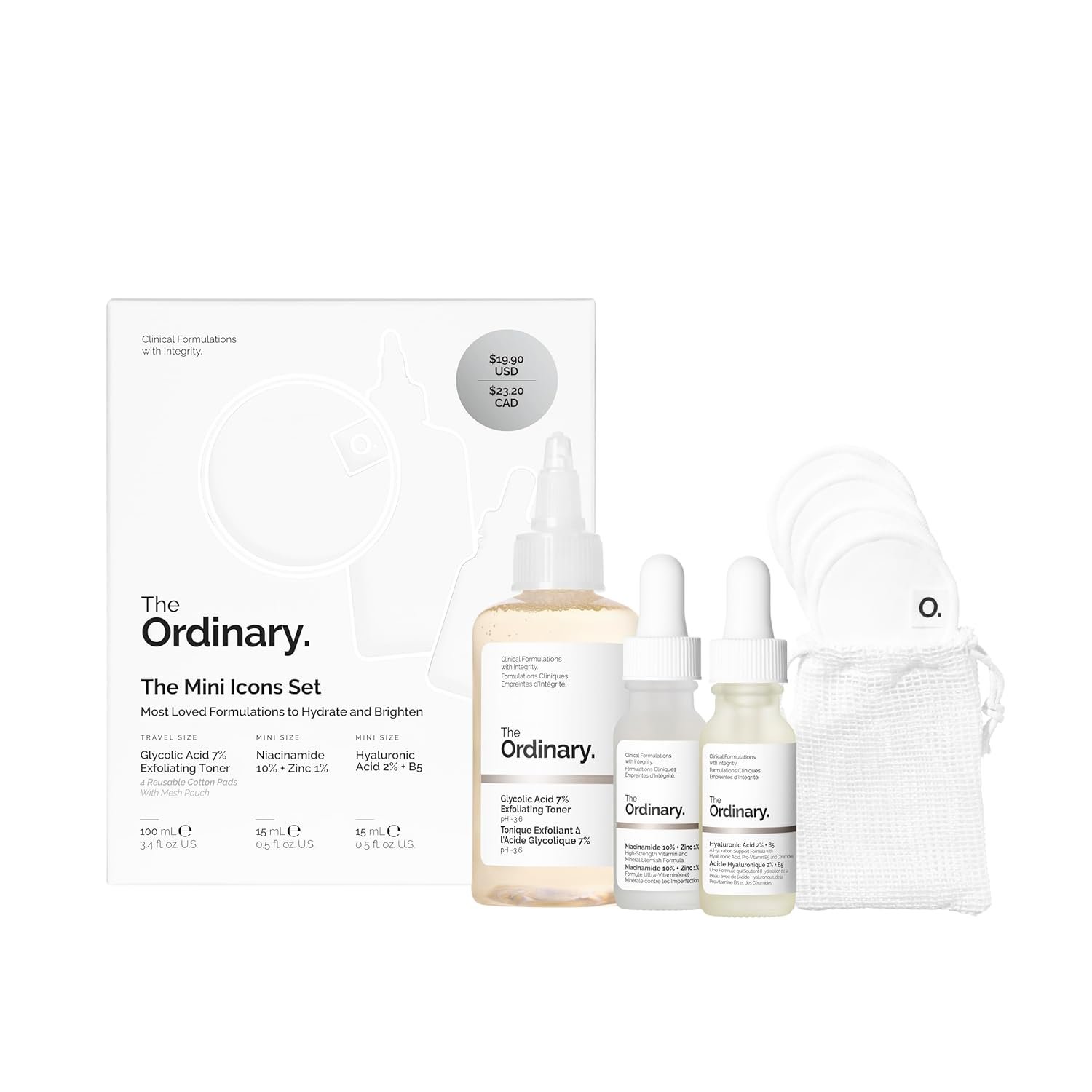 The Ordinary The Mini Icons Set, Travel Size Skin Care to Hydrate and Brighten, Glycolic Acid 7% Exfoliating Toner, Niacinamide 10% + Zinc 1%, Hyaluronic Acid 2% + B5, 4 Reusable Cotton Pads