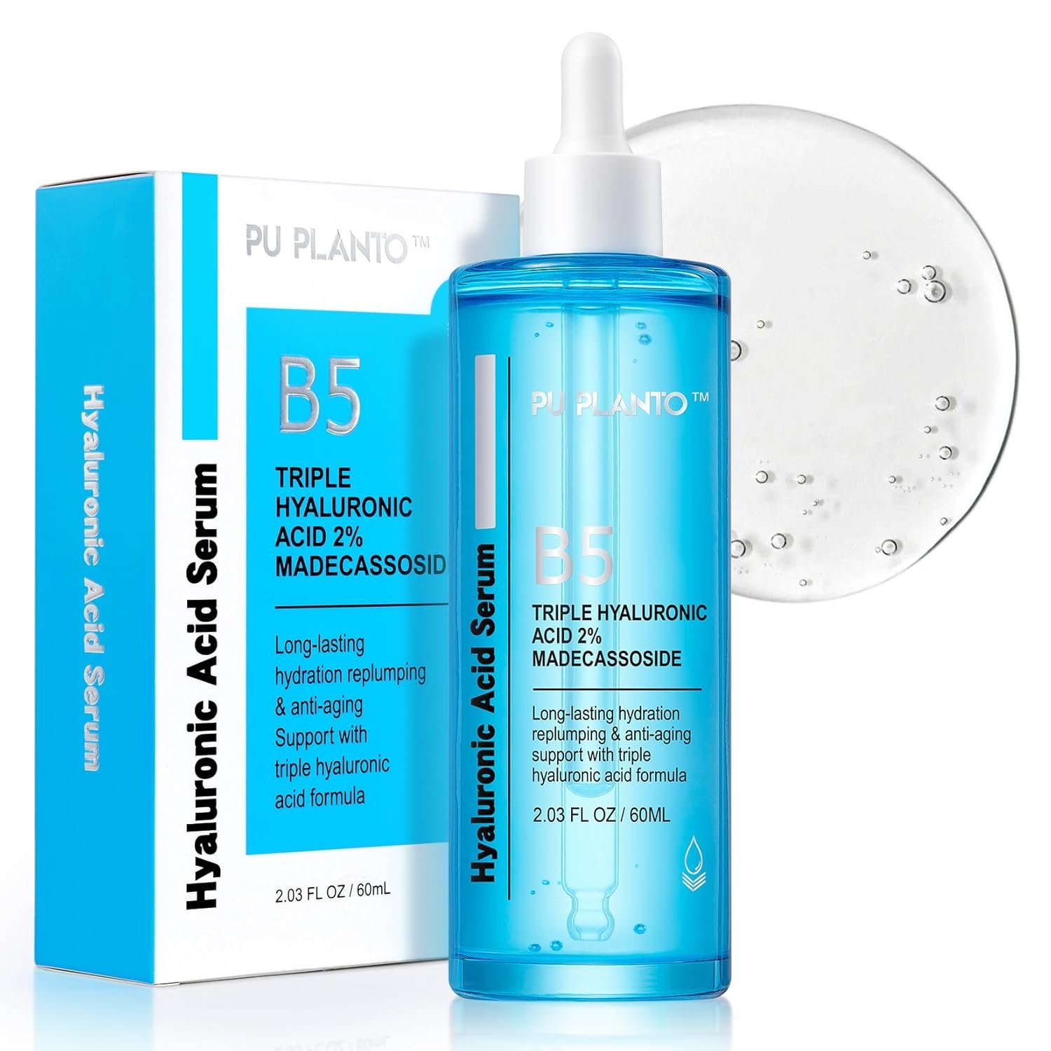 PU PLANTO B5 Hyaluronic Acid Serum for Face 2oz – Triple Pure Hyaluronic Acid 2% with Vitamin B5, Anti-aging Facial Serum for Fine Lines & Wrinkles, Hydrating Serum Dry Skin Moisturizer Fragrance Free