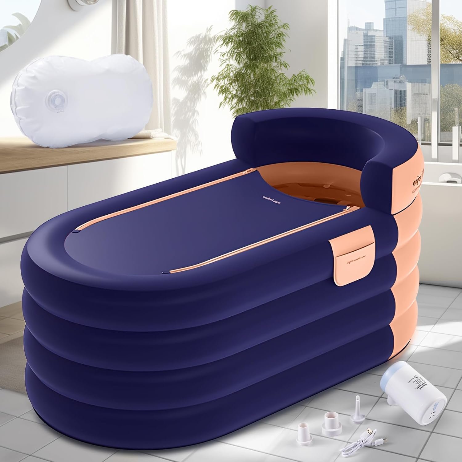 Inflatable Bathtub Adult 63” Portable Blow Up Bath Tubs with Cordless Air Pump, Ideal for Hot Ice Bath, Quick Drain Design with 9’10” Long Hose, Phone Pocket, Water Cushion (Orange)