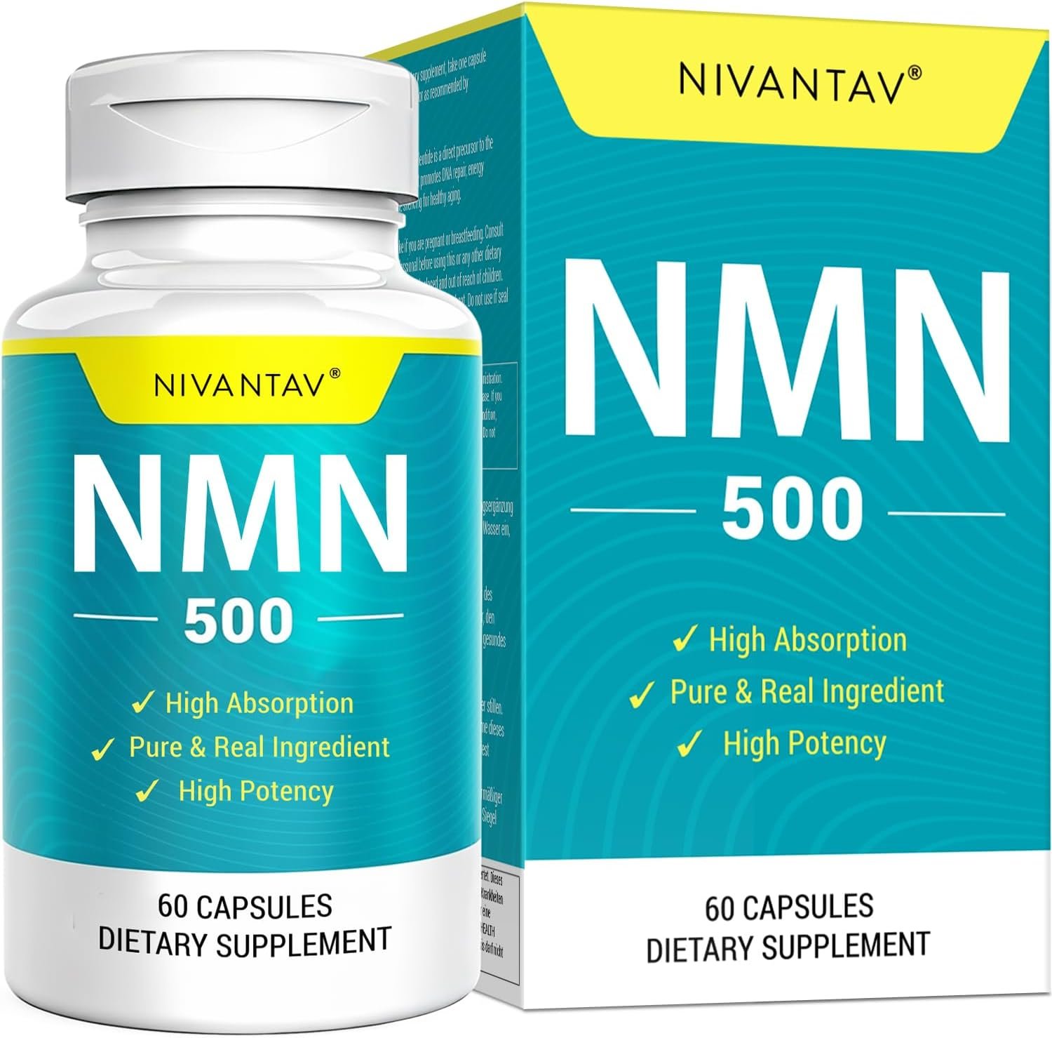 Vegan NMN Supplement 500mg, Higher Absorption – 99% Pure NMN (Nicotinamide Mononucleotide)for NAD+, Cellular Energy Immune Muscle, Anti-Aging & Longevity, Stabilized NMN – 60 Capsules (60 Days Supply)