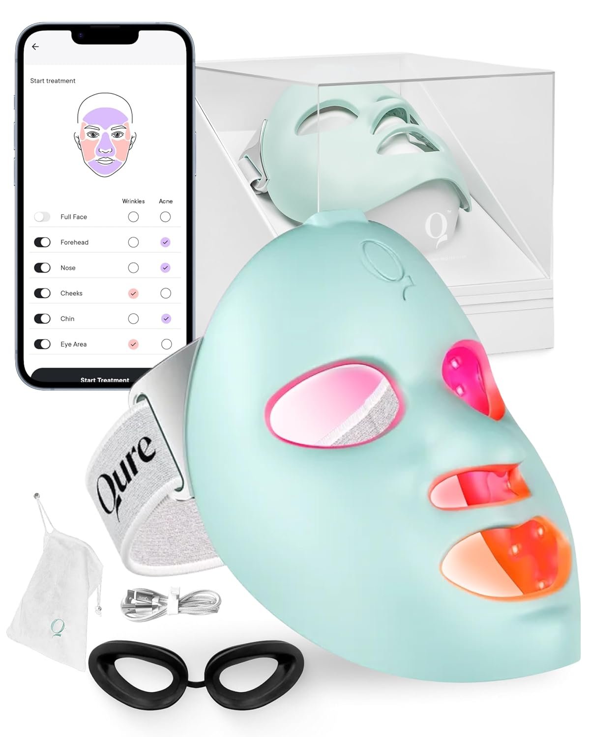Qure LED Light Therapy Mask for Face – FDA Cleared for Wrinkles & Acne Treatment with 3 Modes, 5 Facial Areas & 5 Lights: Red, Deep-Red, Blue, Amber & Infrared, 3-Min Daily, Eye-Protection, Smart App