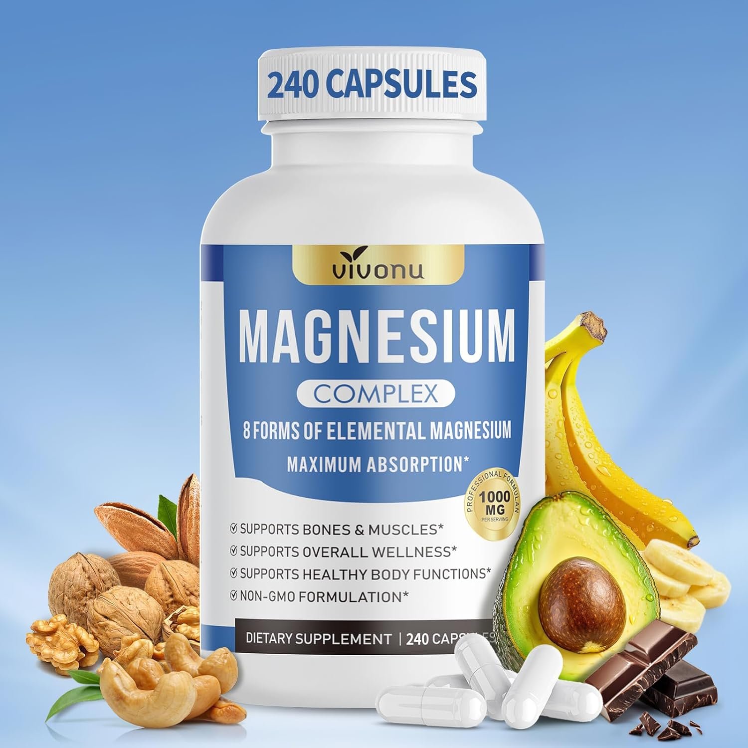 1000mg Magnesium Complex Capsules, 8-in-1 Magnesium Glycinate, Citrate, Malate, Taurate, Oxide, Carbonate, Aspartate, Orotate – 240 Capsules