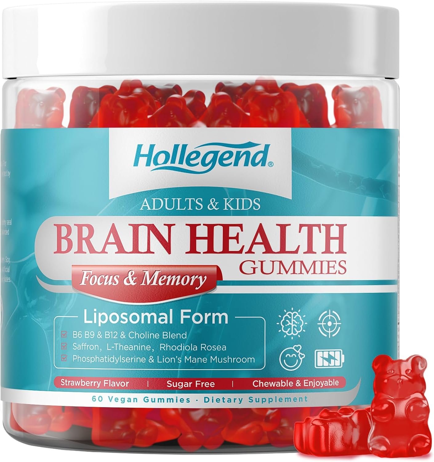 Brain Supplement Gummies, Choline + Phosphatidylserine & Lion’s Mane Mushroom and More, Brain Supplement for Memory and Focus Support, Adults&Kids, Vegan, Sugar Free, Organic, 60 Chewables