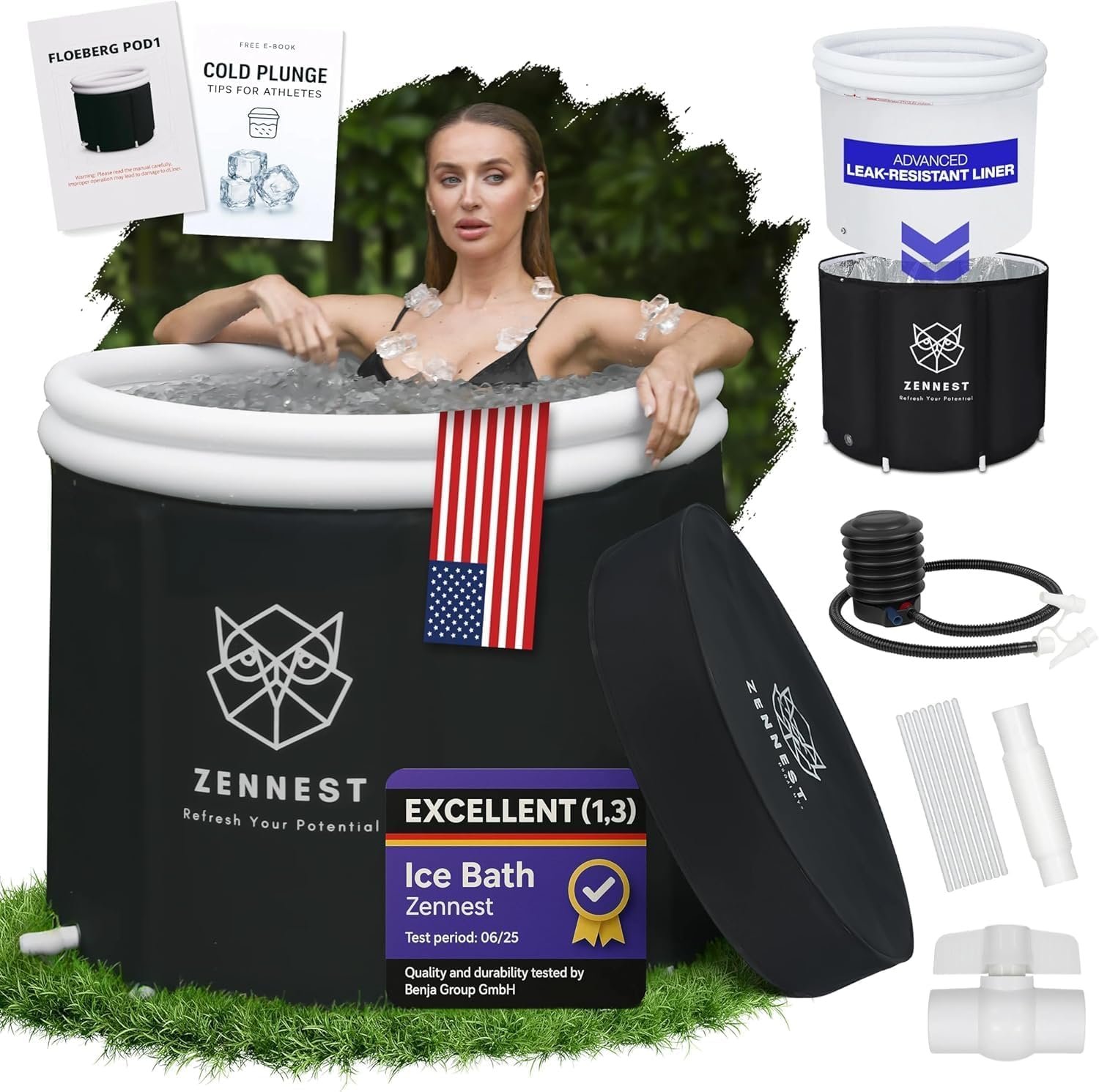 Patented Leak Guard Ice Bath Tub for Athletes – 90 Gal XL Cold Plunge Tub, 6-Layer Insulated Portable Bathtub for Adults, Air-Cavity Thermal Shield, 2-in-1 Hot & Cold, Outdoor/Indoor + eBook
