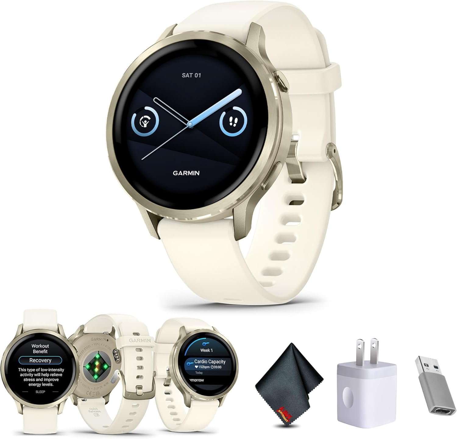 Garmin Venu 4, 41mm, Advanced Fitness Tracker GPS Smartwatch, 1.2″ AMOLED Display, Built-in Flashlight, 10 Days of Battery Life, Lunar Gold with Bone Silicone Band (Watch Bundle)