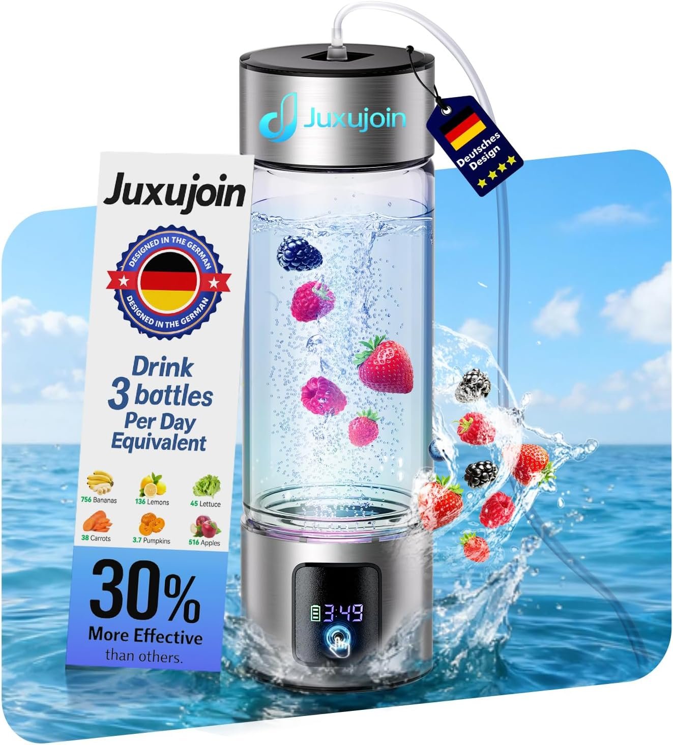 Upgrade 3-in-1 Hydrogen Water Bottle with Display – Industry TOP – 24-Hour Hydrogen Lock | 0 Chlorine & 0 Ozone | 100% Leak-Proof Seal, Hydrogen Water Bottle Generator with Hydrogen Straw