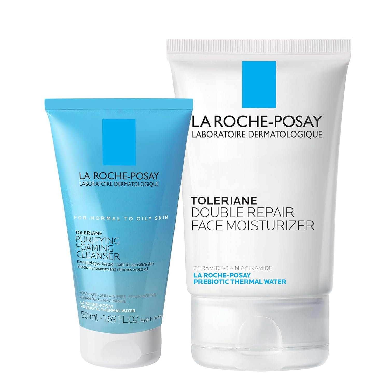 La Roche-Posay Toleraine Skin Care Set, Double Repair Face Moisturizer 100ml & Purifying Foaming Facial Cleanser 50ml, Oil Free Moisturizer & Face Wash For Oily Skin, Formulated with Niacinamide