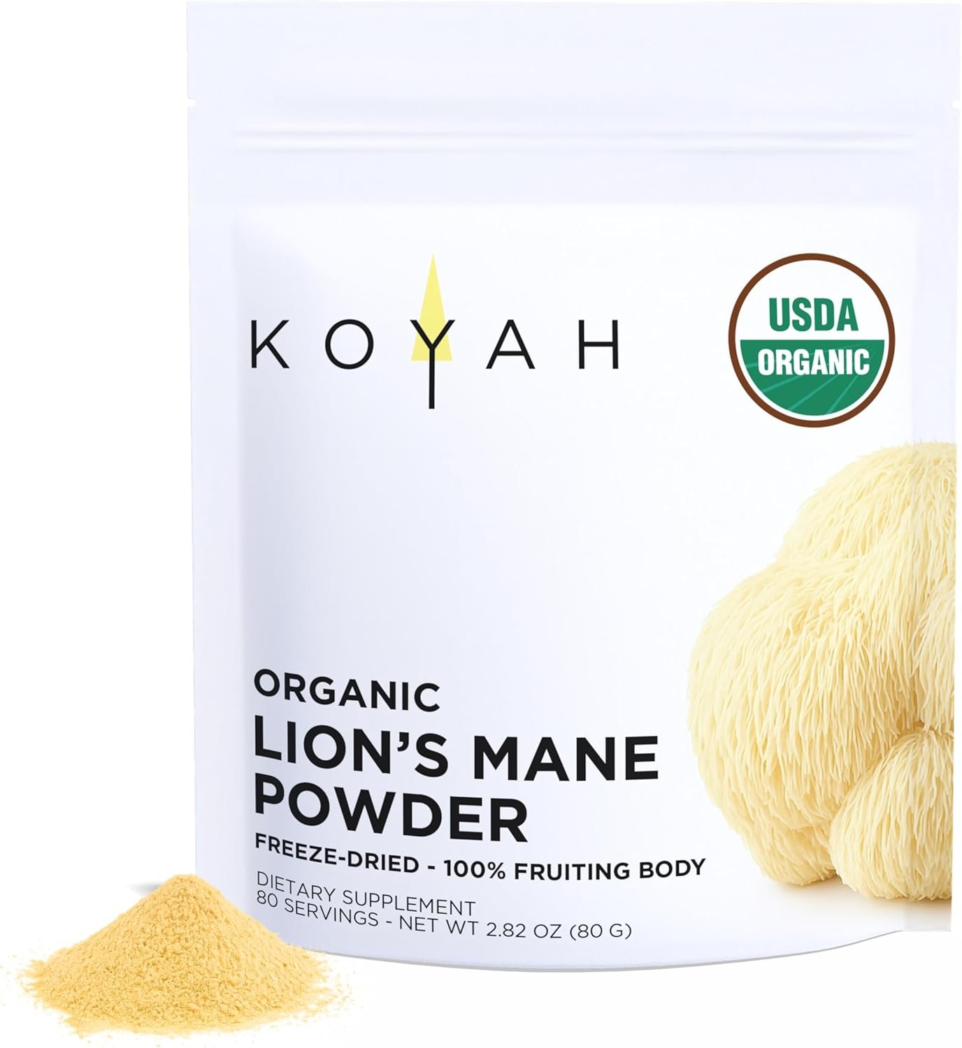 KOYAH – Organic USA Lion’s Mane Mushroom Powder – 80 Servings – 100% Fruiting Body, Freeze-Dried, 3rd Party Tested for Beta-Glucans, Non-GMO, Vegan. Brain & Nerve Support. Immune Support.