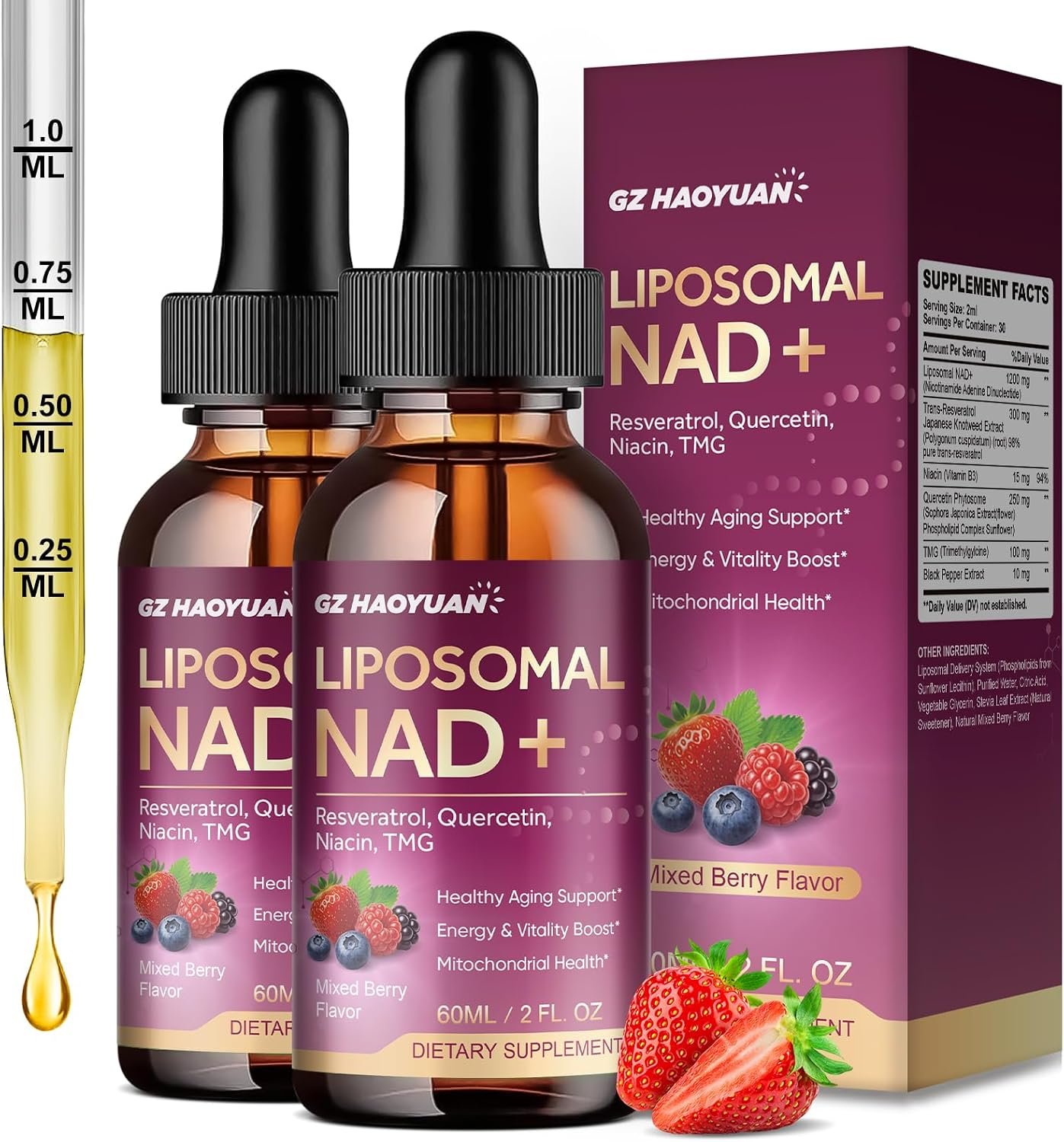 Liposomal NAD Supplement – 1200mg NAD+ Liquid Drops for Women with Nicotinamide, Resveratrol, Quercetin, TMG, Black Pepper Extract – Brain & Cellular Mitochondrial Health,Anti-Aging,Longevity，4 Fl Oz