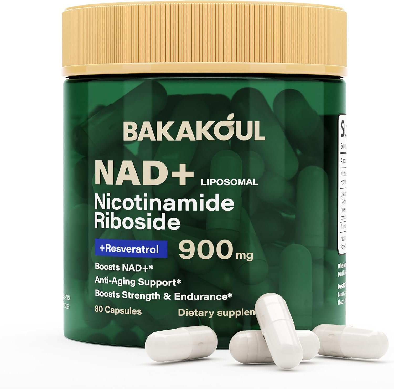BAKAKOUL NAD Supplement – Liposomal Nicotinamide Riboside, Resveratrol, Quercetin, NAD Nicotinamide Riboside Resveratrol 900mg, NAD+ Supplement for Men and Women, 80 Capsules 1 Pack