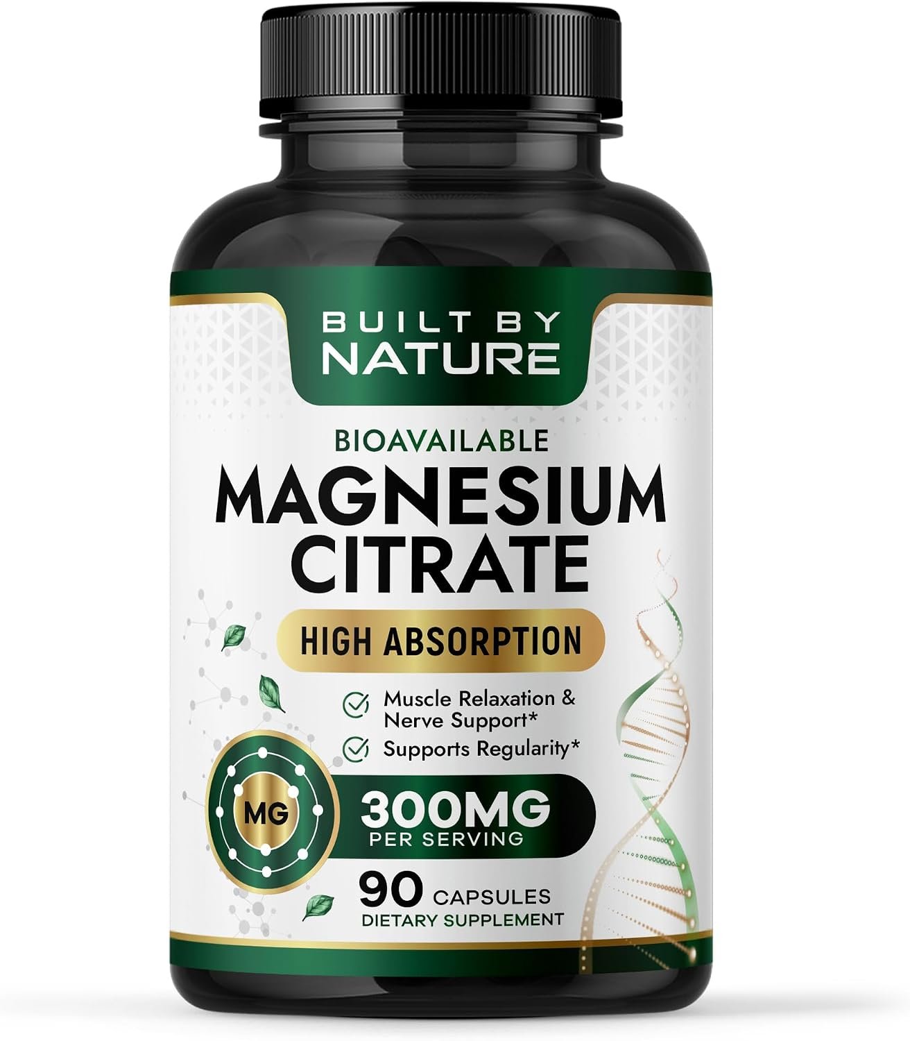 Built By Nature Magnesium Citrate 300mg Supplement, 90 Capsules | High Absorption, Constipation Relief, Heart & Muscle Support, Citrato de Magnesio