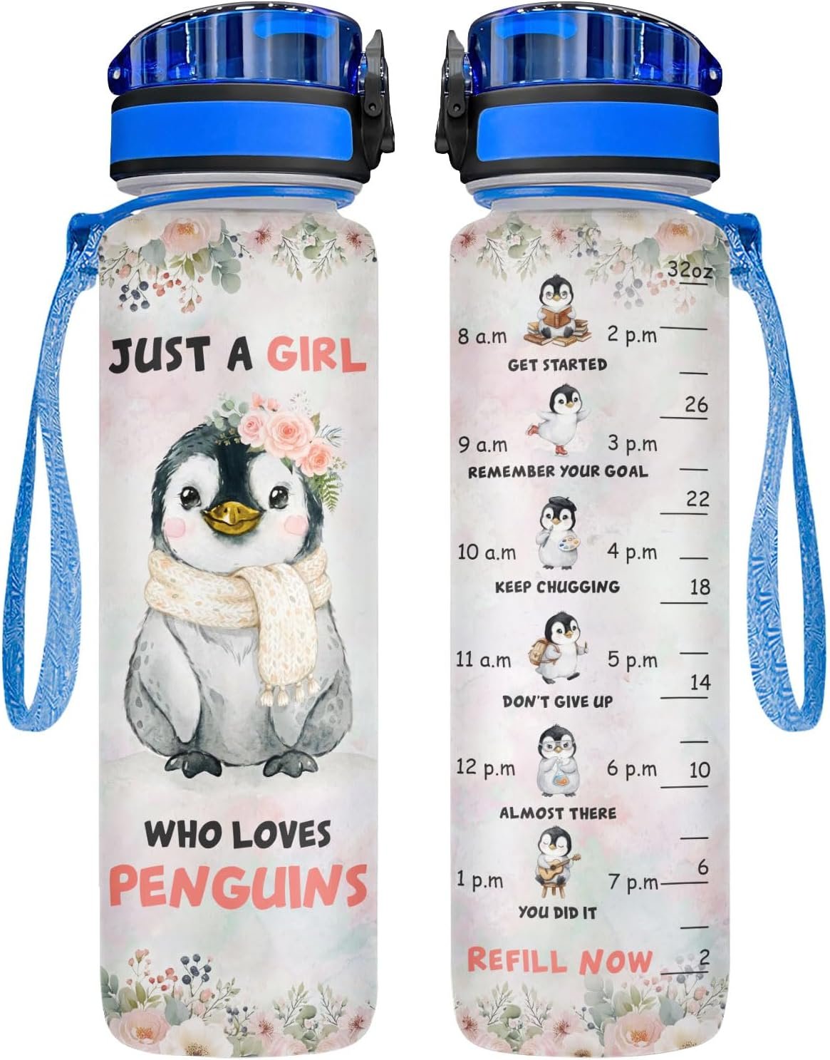 34HD Penguin Water Bottle with Time Marker & Straw 32 oz Just A Girl Who Loves Penguins Birthday Gifts for Women Girls Cute Animal Merch Aesthetic Floral Arctic Water Tracker Bottle