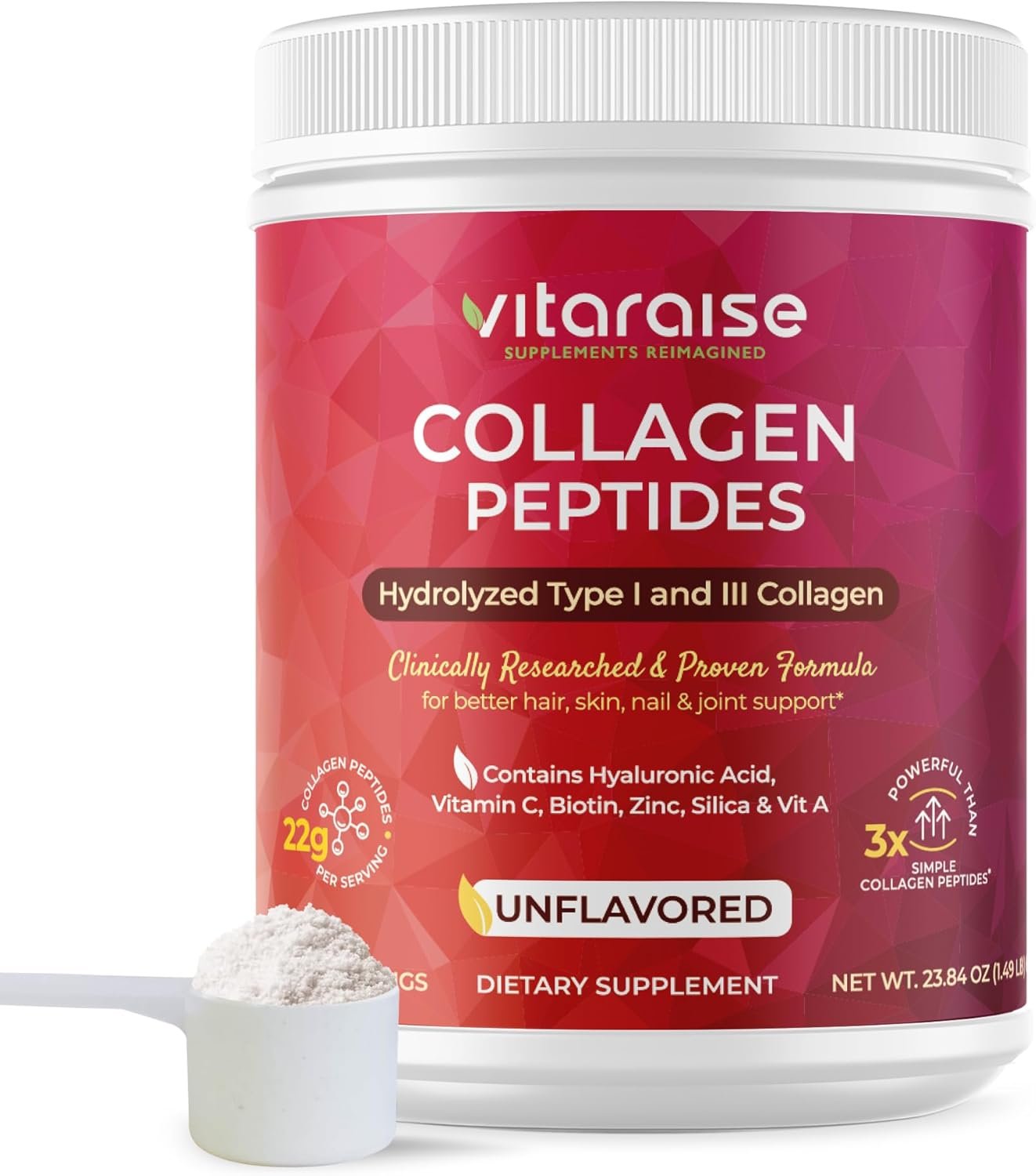 Hydrolyzed Collagen Powder – Type I & III Grass Fed Naturally 3X Powerful Collagen Peptides Powder for Women & Men – Hair, Skin, Nail, Joints – Unflavored, Gluten Free, 22g per 30 Serving – 1.49 lbs