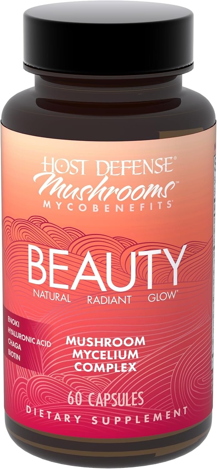 Host Defense MycoBenefits Beauty Capsules – Supplement for Healthy Hair & Nail Strength – Skin Elasticity & Health Aid – Mushroom Supplement with Biotin & Hyaluronic Acid – 60 Capsules (30 Servings)