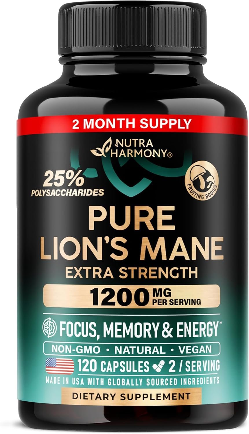 Lions Mane Supplement Capsules – for women & Men – Organic Lions Mane – Fruiting Bodies Extract – 1200 mg, 25% Polysaccharides – Memory & Focus Support – As Lions Powder – 120 Capsules, 2 Month Supply