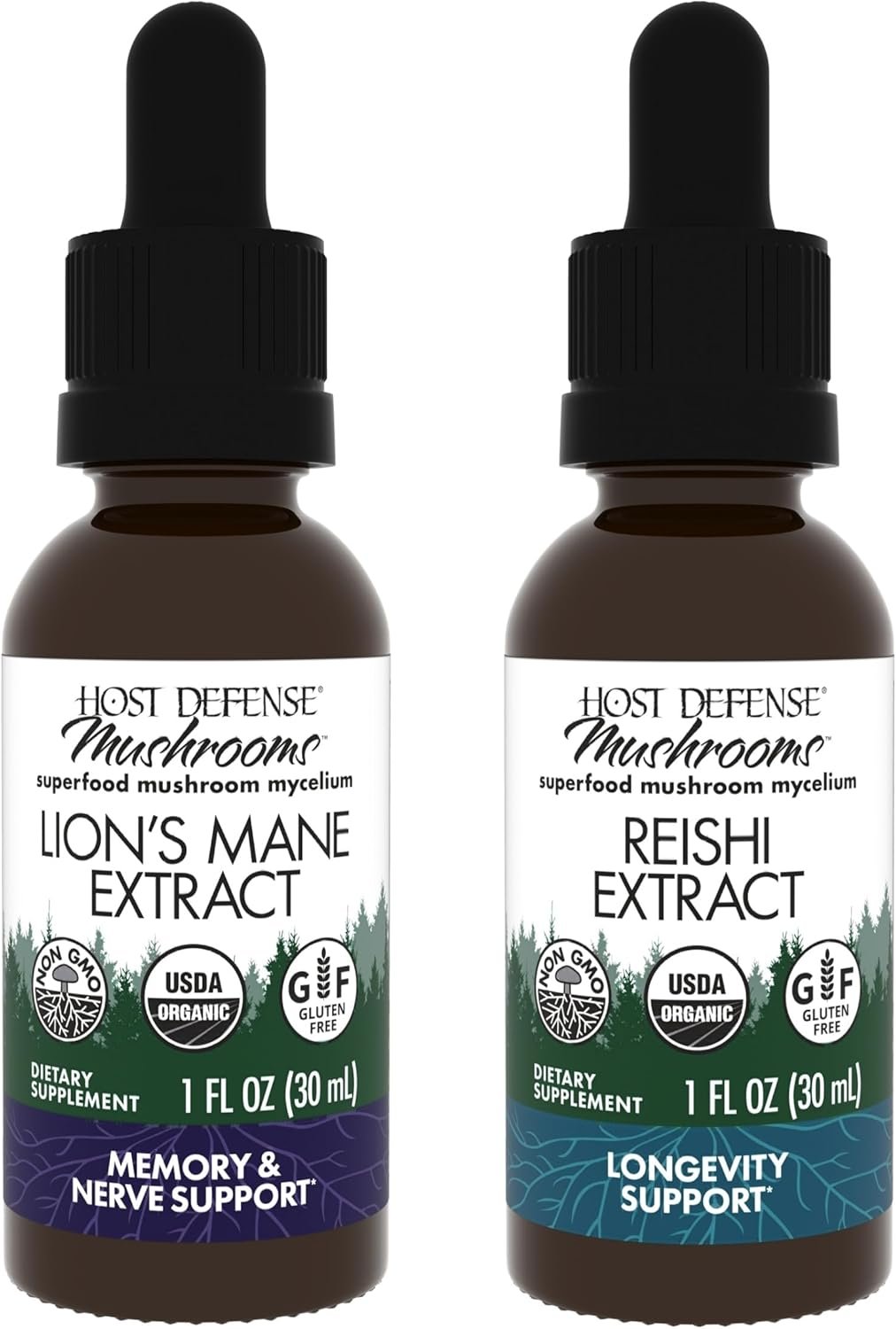 Host Defense Bundle with Lion’s Mane Extract, 1 fl oz & Reishi Extract, 1 fl oz – Support Brain Health, Memory & Focus – Support Heart & Immune Health