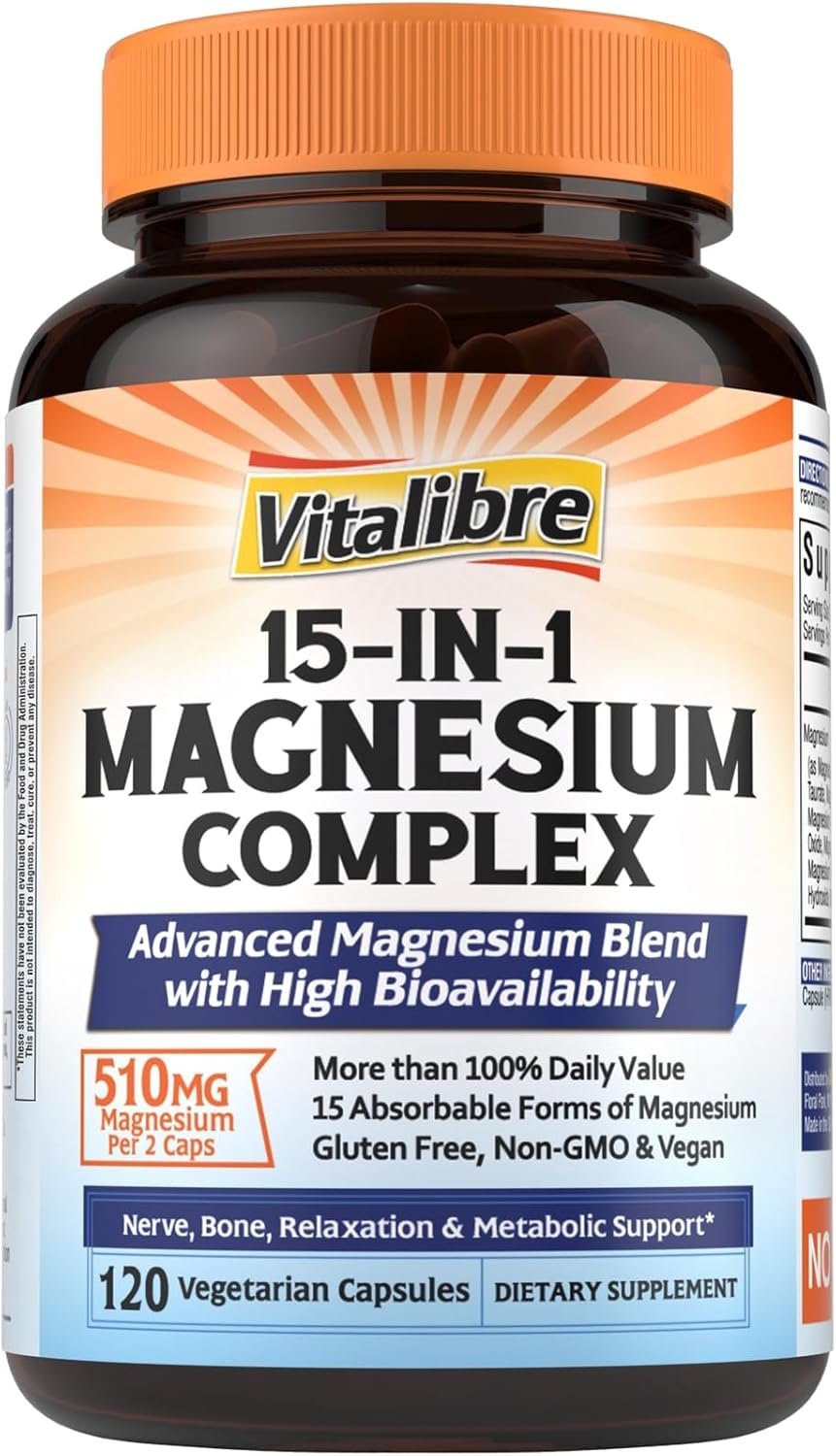 Vitalibre 15 in 1 Magnesium Complex Supplement 510mg | Maximum Absorption Glycinate, Malate, Taurate, Citrate and More for Bones, Heart, Recovery, Energy | Non-GMO, 120 Capsules