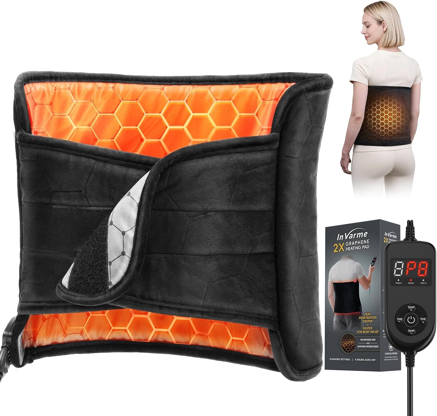 Hot Heating Pad for Back: 160℉ Extra Hot 3s Fast Heating Far Infrared Deep Penetration Muscle – Deeper Relief for Chronic Lower Back Pain for Women Men Elderly 8 Temps 4H Auto Off Washable
