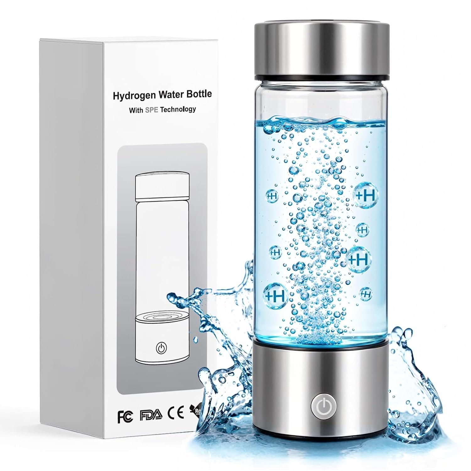 Hydrogen Water Bottle Generator, Up to 4000 PPB in 3 Mins with SPE PEM Tech, 16oz Portable Glass Hydrogen Water Maker for Travel, Office & Fitness, Leak-Proof Health Gift, Silver
