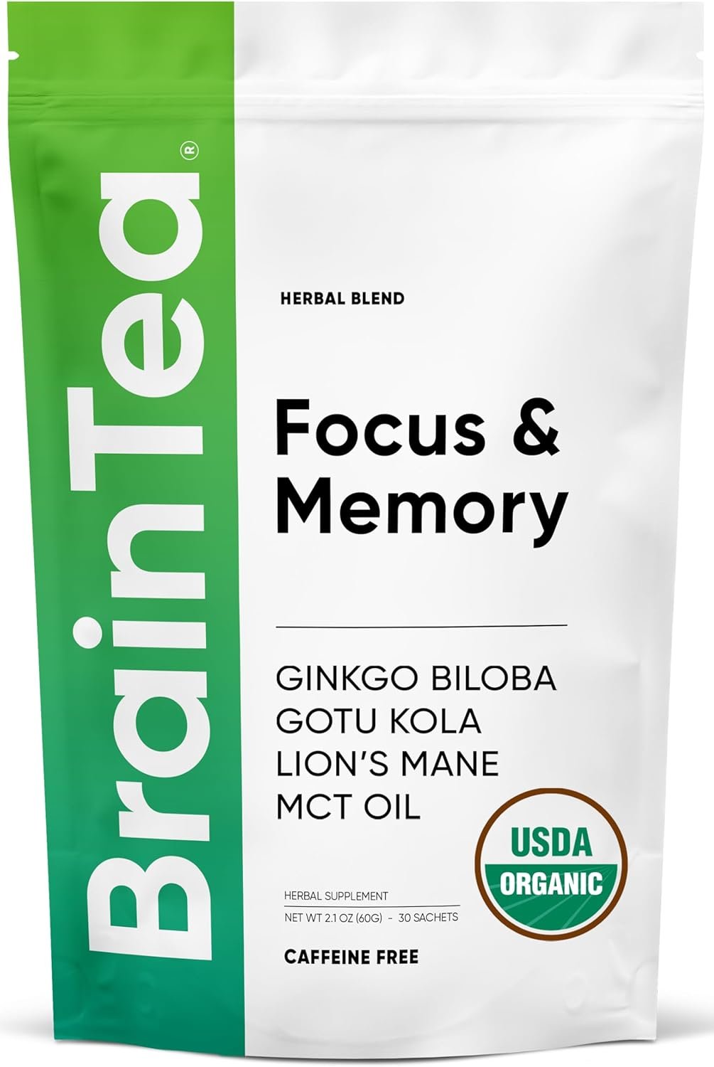 Brain Tea Focus & Memory – Brain Tea Organic Certified 4-in-1 Nootropic Herbal Supplement with Ginkgo Biloba, Gotu Kola, Lion’s Mane Mushroom, MCT Caffeine-Free for Mental Clarity (30 Sachets)