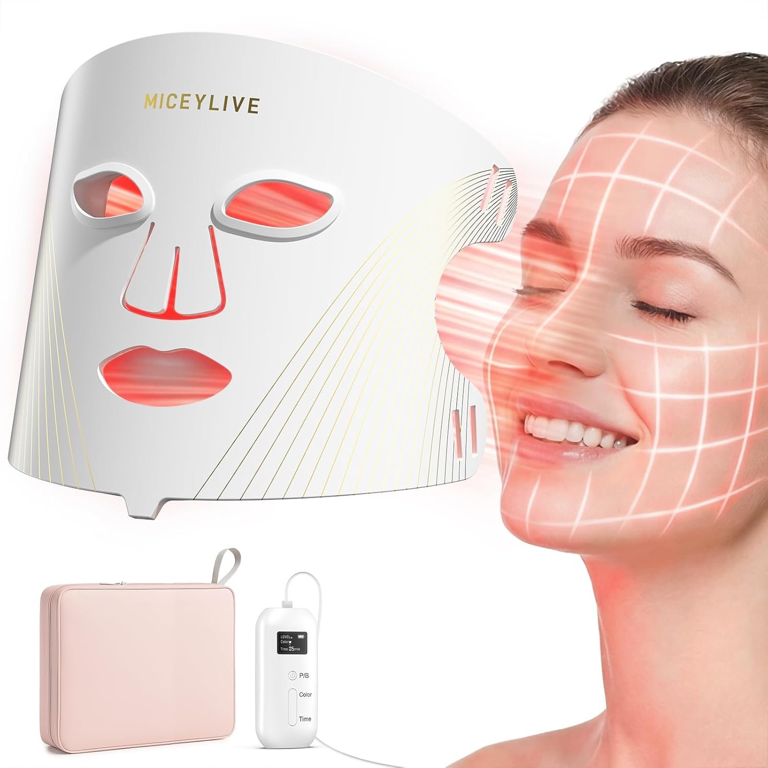 Red Light Therapy for Face Mask, Blue Light Therapy for Acne, Gifts for Women, Wrinkle Care LED Face Mask, 432 LED with Full Face Coverage & 3 Light Modes, Travel Bag for Home Use & Travel，White Pink