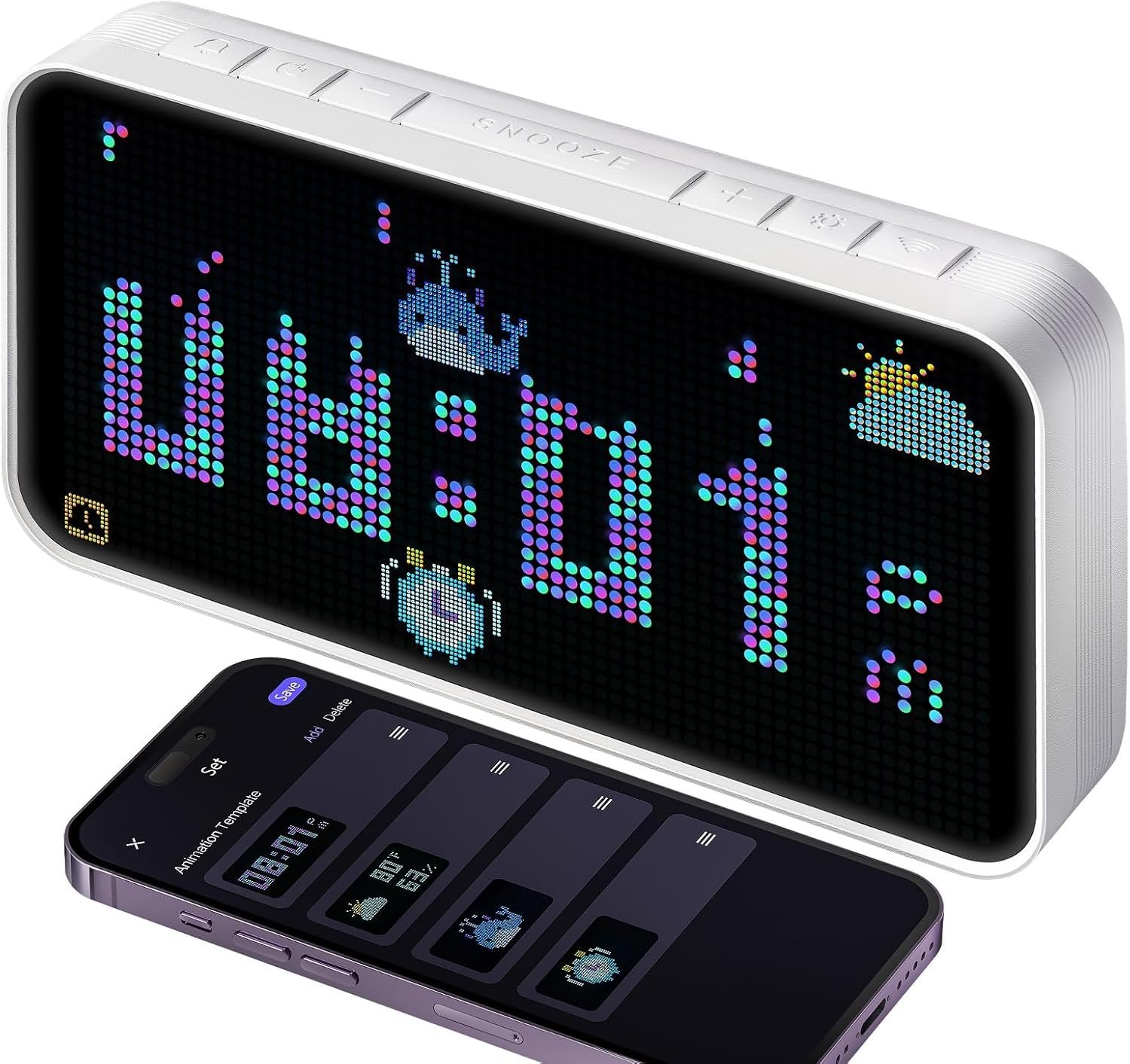 Dekala PixelRise Smart Alarm Clock for Bedroom,Pixel Art LED Dot Matrix Display, Weather Temperature Animation, Loud Dual Alarm for Heavy Sleeper, Sleep White Noise, WiFi Weather & DST Time Sync, App