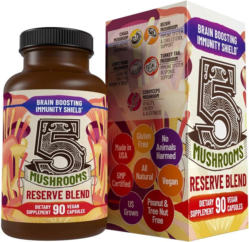 5 Mushrooms Reserve Blend Mushroom Supplement – Lions Mane, Turkey Tail, Reishi, Chaga, Cordyceps – Immune System, Brain, Cognition, Energy, Mood Support