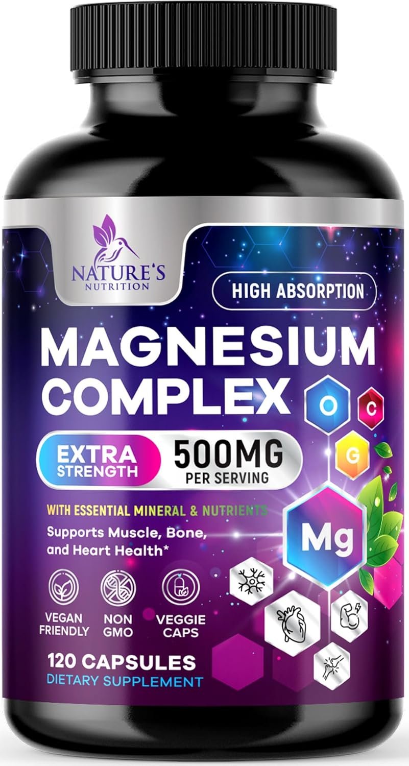 Magnesium Complex Supplement – Magnesium 500 mg Per Serving – 4 in 1 High Absorption Blend – 100% Chelated Magnesium Glycinate with Malate, Citrate & Oxide – Vegan Complex – USA Bottled – 120 Capsules
