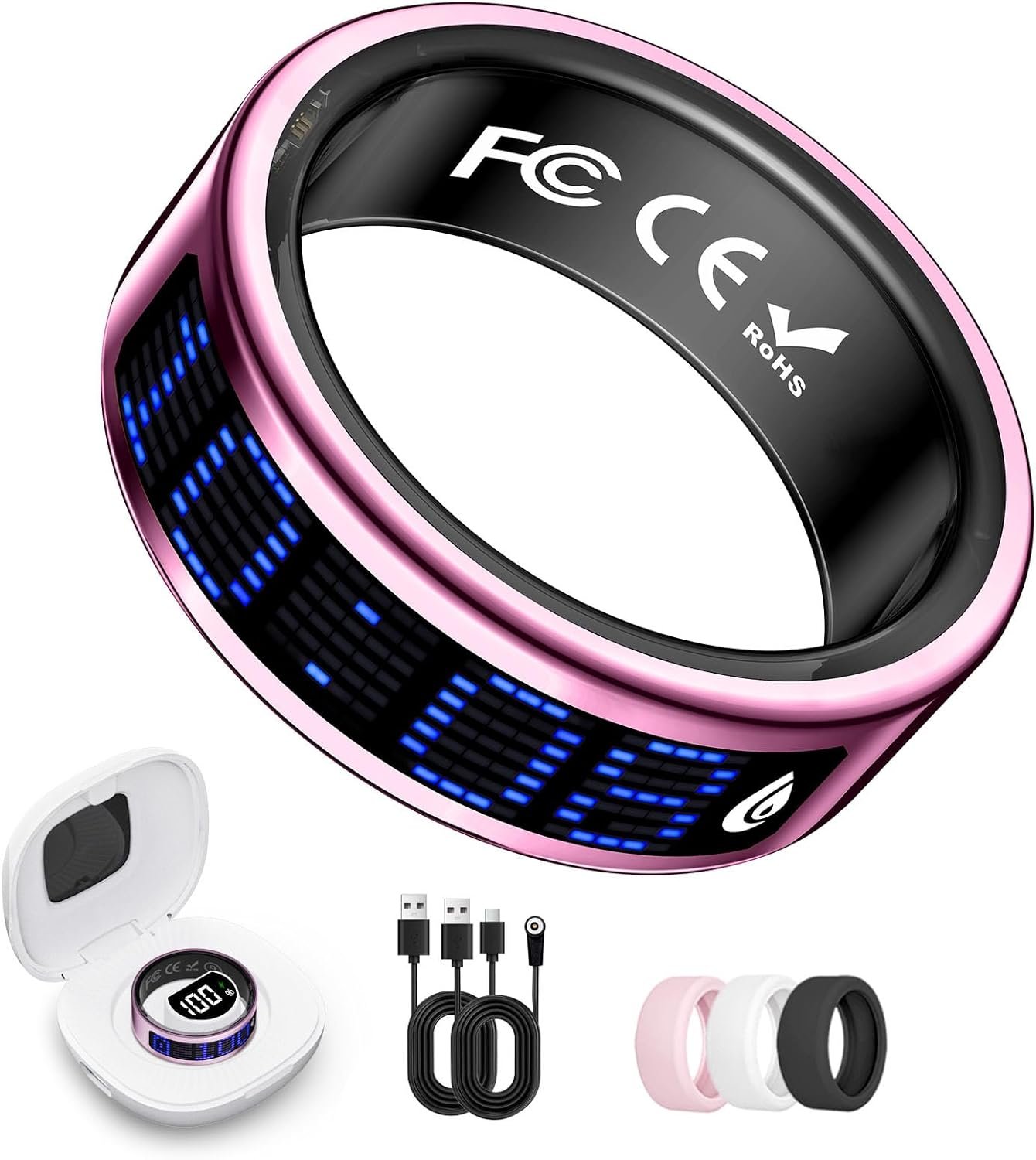 Smart Ring for Women & Men, Fitness & Health Tracker with Display Screen, IP68 Waterproof Smart Rings for Health Monitoring, Fitness Tracker Ring with Call Notification, No App Fees (Pink, 11#)