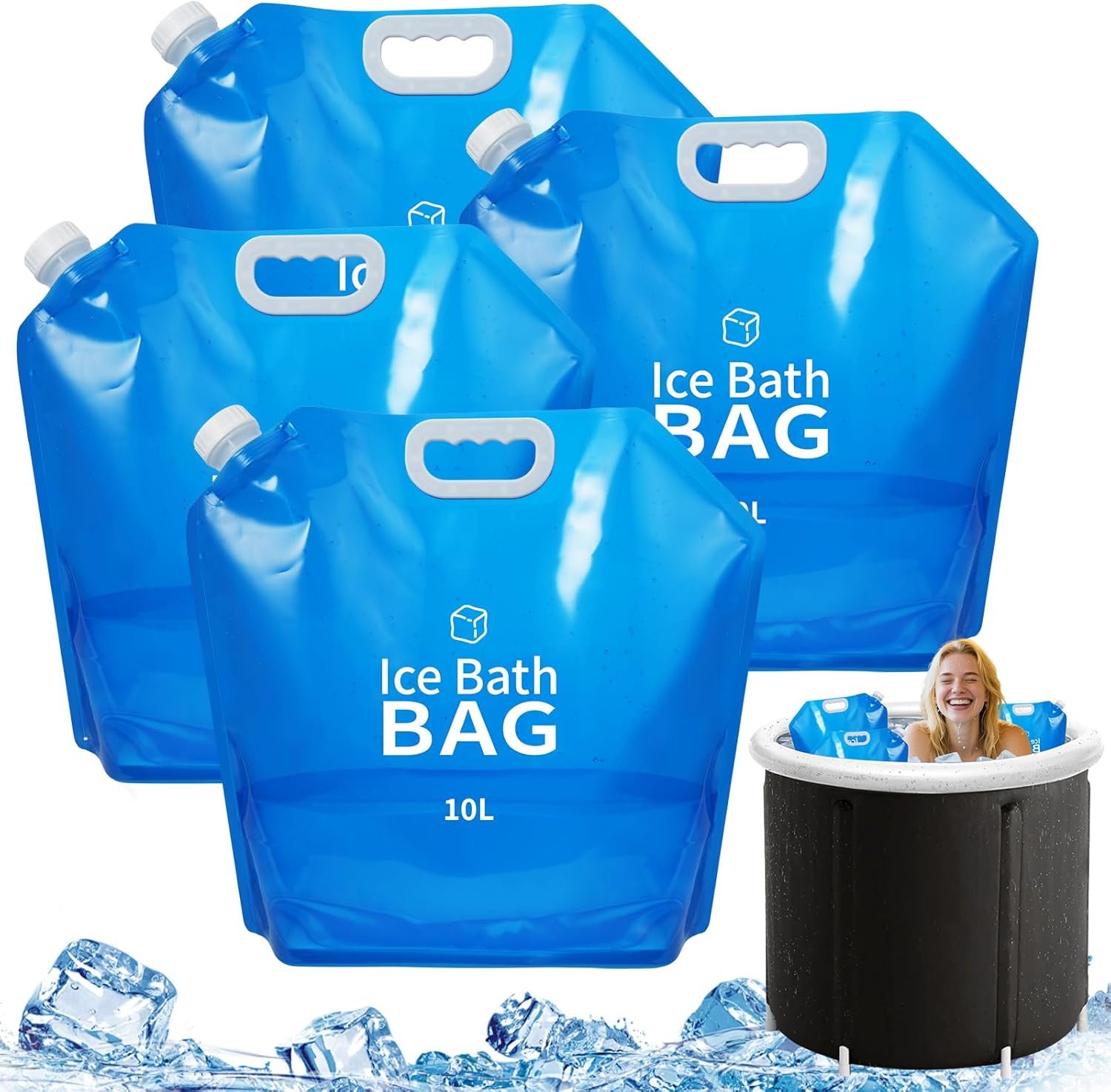 4 Pcs Ice Bath Bags, 10 L Reusable Cold Plunge Accessories Portable Bathtub Ice Packs Large Cold Water Freezer Bag with Handle for Home Outdoor Bathtub Bucket, Blue