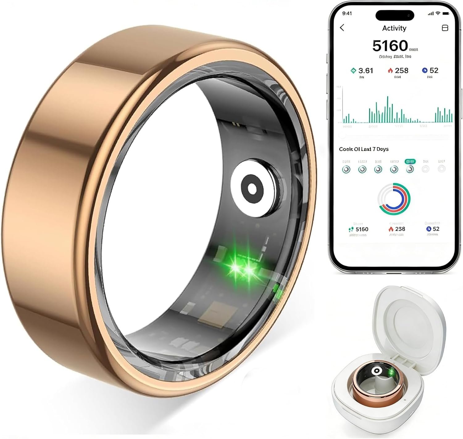 Smart Ring for Women Men,Fitness Tracker Ring with Heart Rate, Sleep Monitoring, Blood Oxygen, Step Counting for iOS and Android, No Subscription Fee, Waterproof (Gold,7)