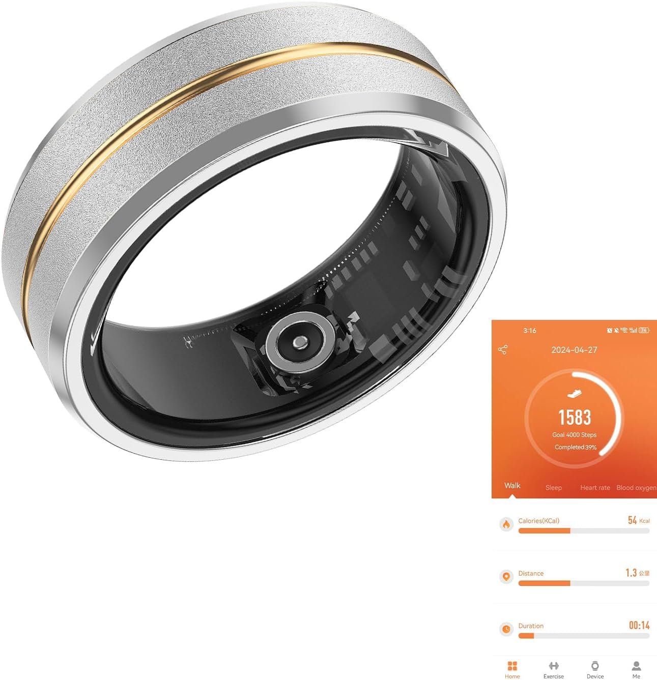 Fitness Tracker Smart Ring, Step Counter for Walking, Heart Rate Blood Oxygen Calorie Sleep Tracker Health Ring, IP68 Waterproof Design, Stainless Steel, 5-7 Days Battery Life