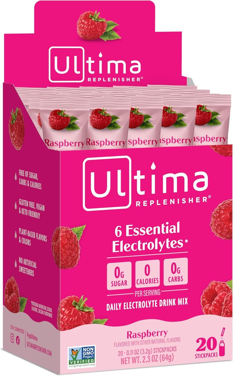 Ultima Replenisher, Electrolyte Hydration Drink Mix, Raspberry, 20 Count Stickpacks Box – Sugar Free, 0 Calories, 0 Carbs – Gluten-Free, Keto, Non-GMO, Vegan