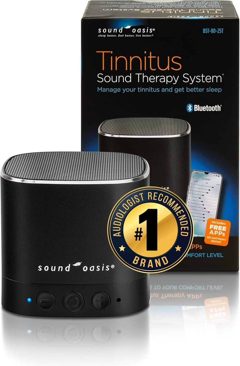 Sound Oasis® Bluetooth® Tinnitus Sound Therapy System® – 25 Built-in Tinnitus Relief & Relaxation Sounds, Extended 12-Hour Sound Tracks, Rechargeable Bluetooth Speaker for Sleep & Sound Masking
