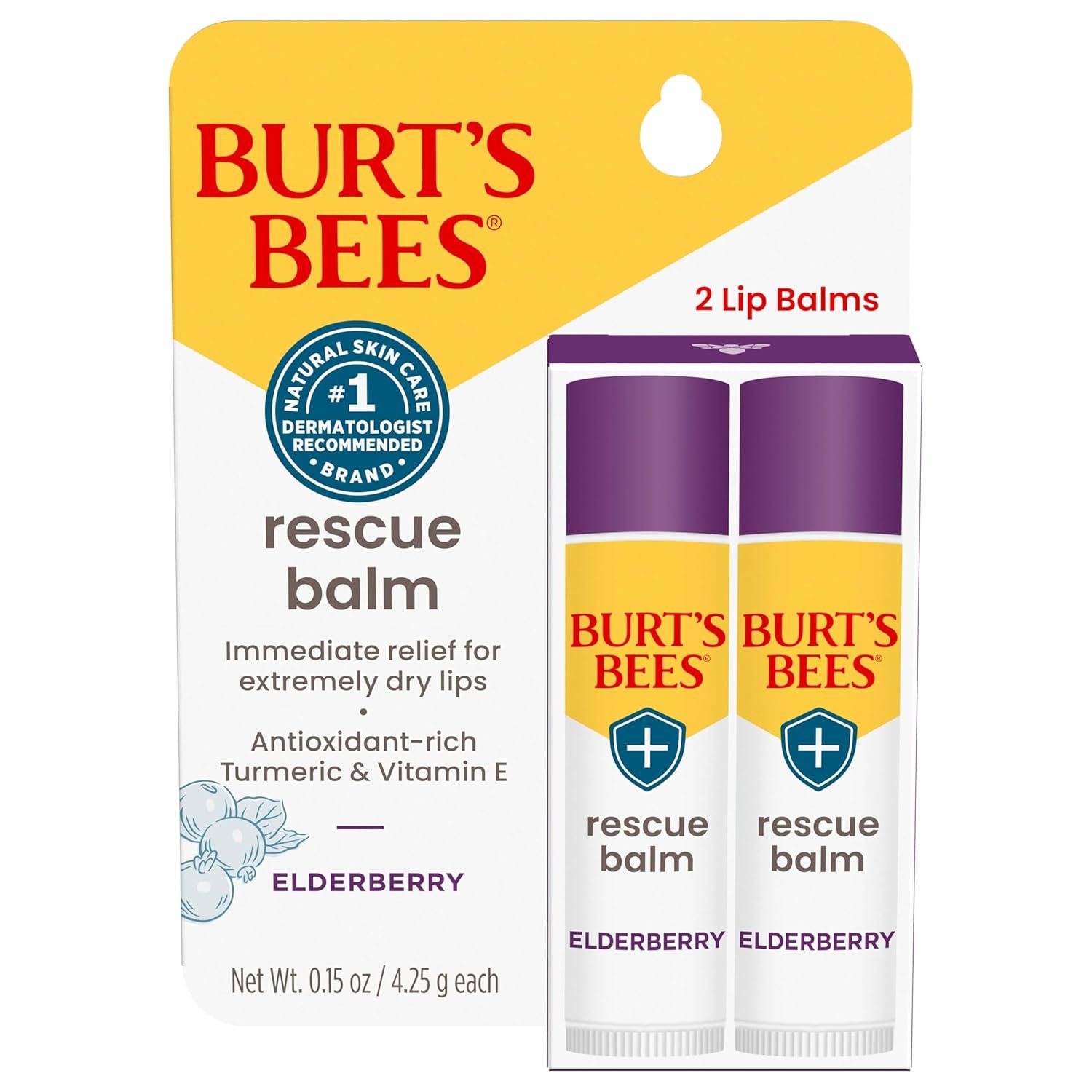 Burt’s Bees Rescue Balm Elderberry Lip Balm, With Antioxidant-Rich Elderberry, Tint-Free, Natural Origin Lip Care, 2 Tubes, 0.15 oz.