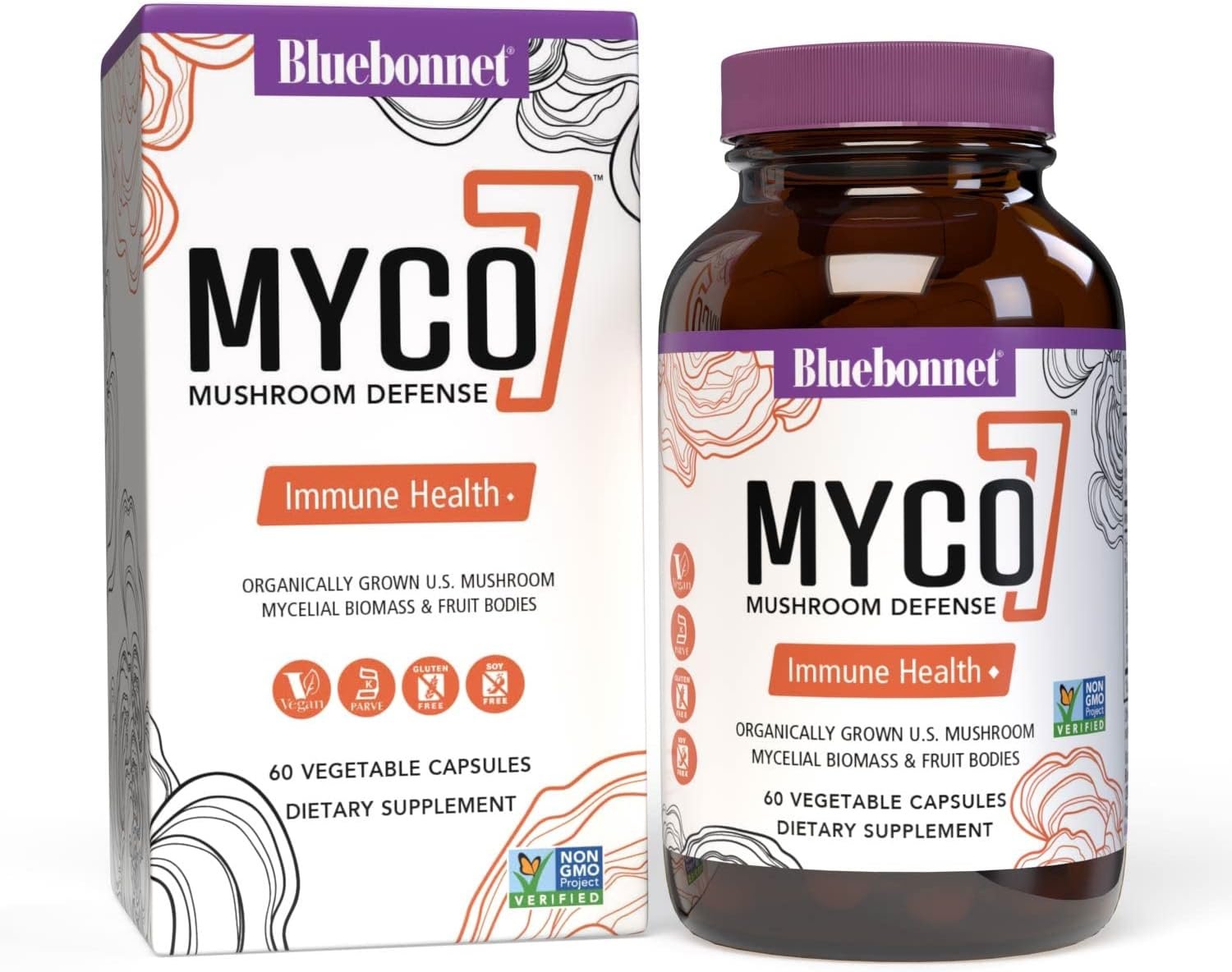 BlueBonnet Nutrition Myco-7 Mushroom Defense – 7 Organically Grown U.S. Whole, Full-Cycle Mushrooms – for Immune & Wellness – Soy-Free, Gluten-Free, Non-GMO, Kosher, and Vegan – 60 Vegetable Capsules