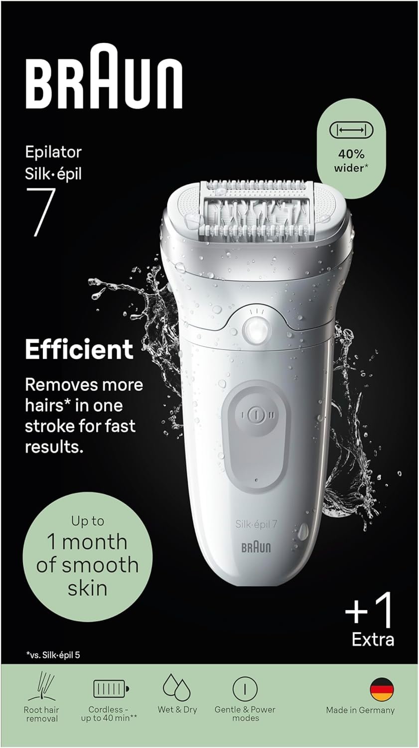 Braun Silk·épil 7 Women’s Electric Epilator with Wide Head for Easy Hair Removal, with Cleaning Brush, Dry and Wet Use, Durable Soft Hair Removal, 7-011