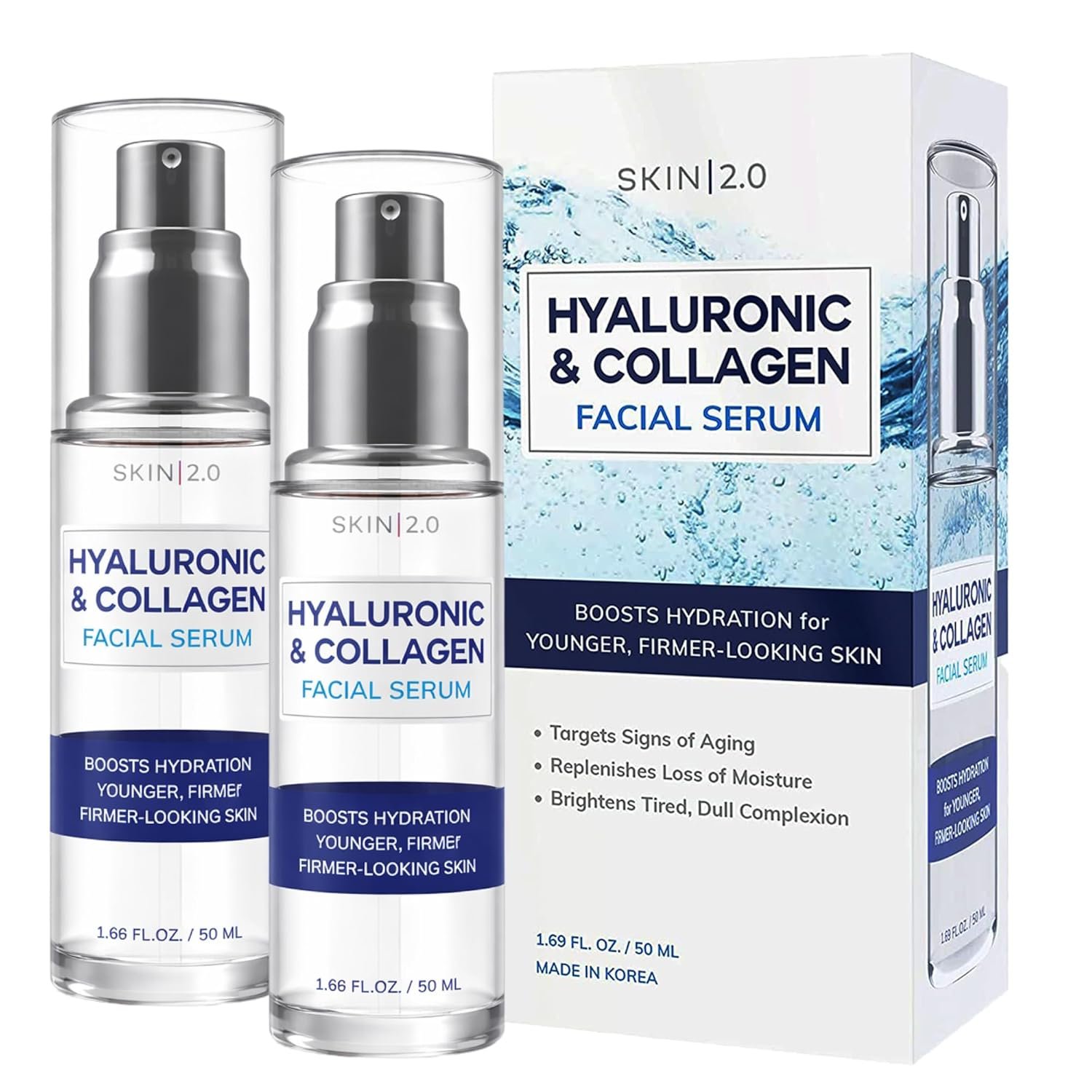 Skin 2.0 Hyaluronic Acid & Collagen Face Serum – Dermatologist Tested, Skin Tightening, Hydrating – Anti-Aging, Clean Beauty, Cruelty-Free Korean Skincare for All Skin Types – Duo Pack