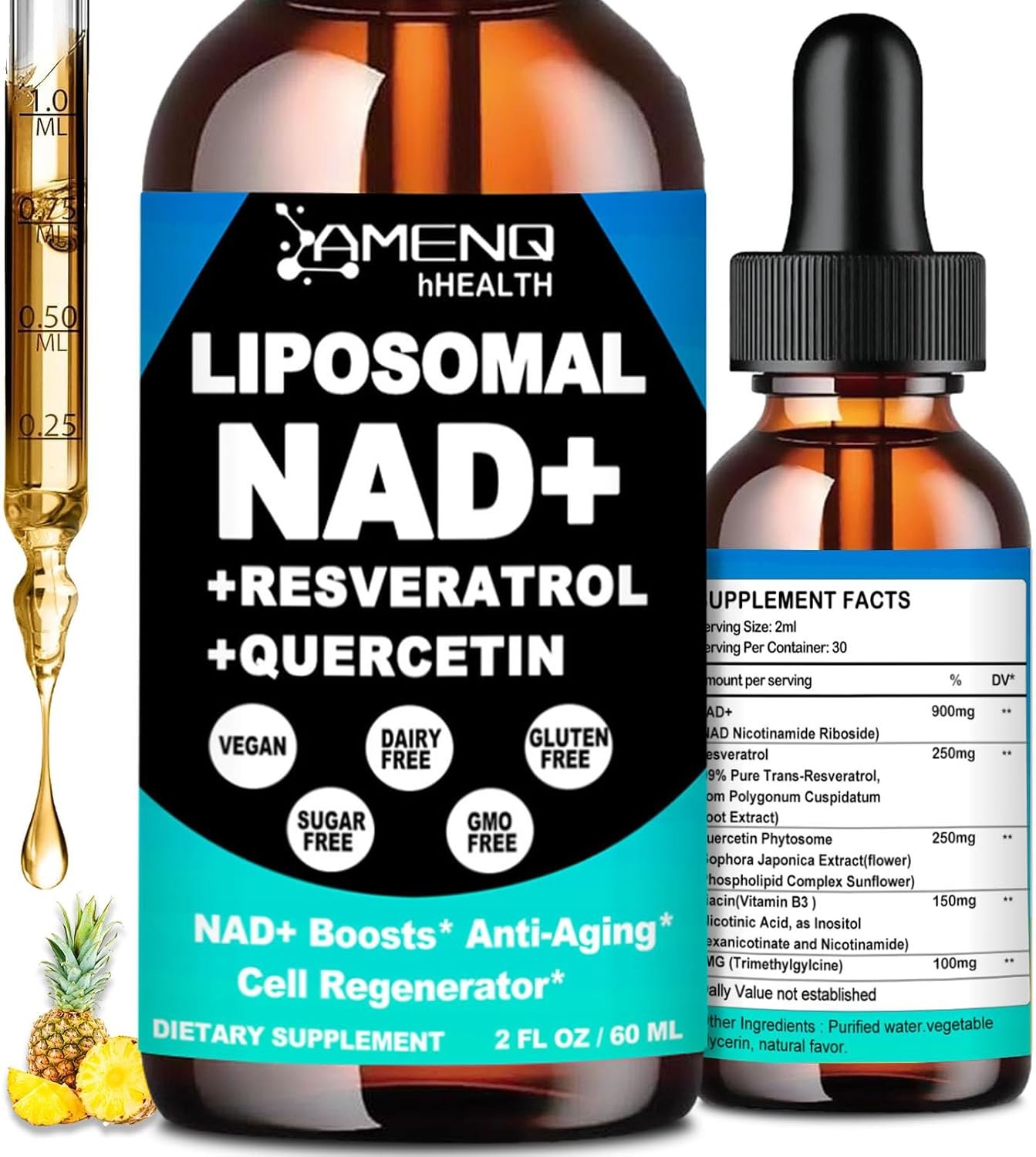 NAD Supplement, Liposomal NAD Nicotinamide Riboside Resveratrol 900mg Quercetion, TMG, Vitamin B3, High Potency NAD Plus Liquid Supplement for Cell Regenerator, Longevity, Energy, Anti-Aging, Focus