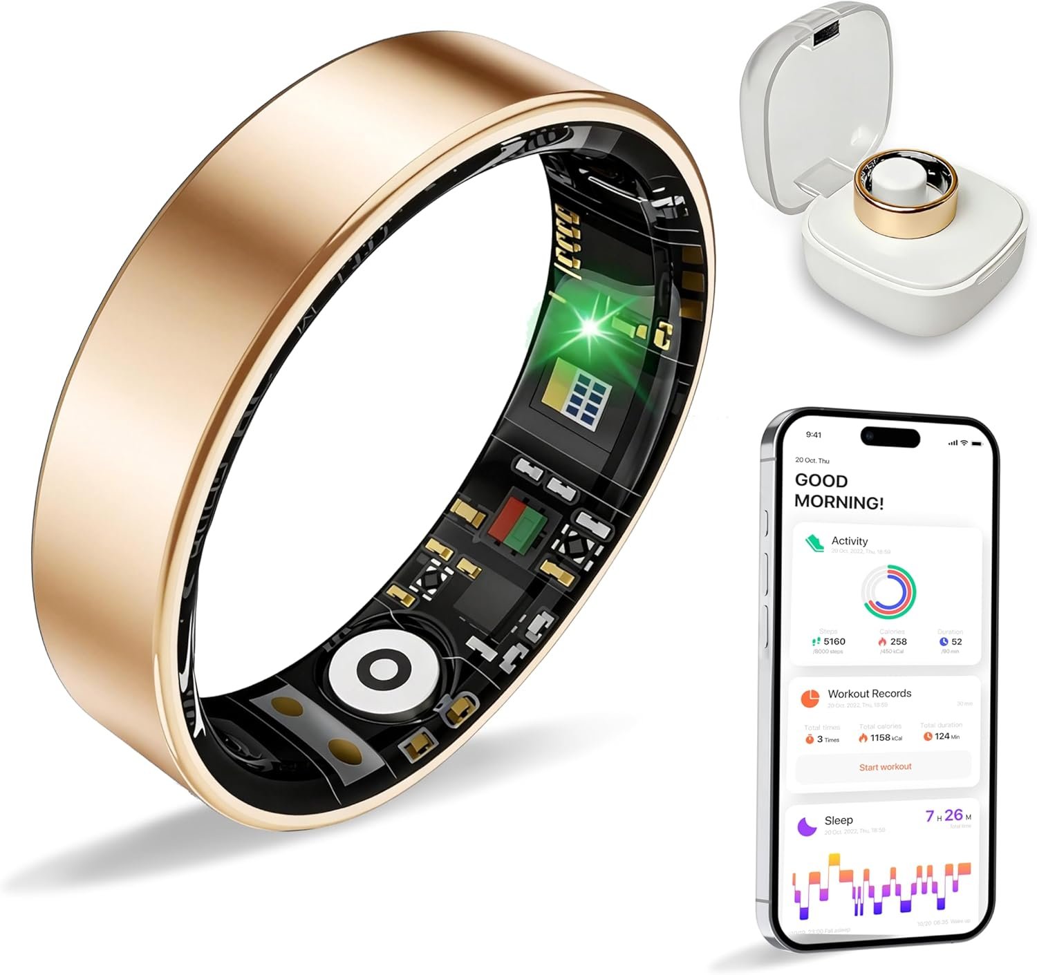 Smart Ring Health Tracker， Sleep/Exercise Monitoring, iOS/Android, IP68 Waterproof, No Subscription, 5-Day Battery for Women & Men (Gold, 12)