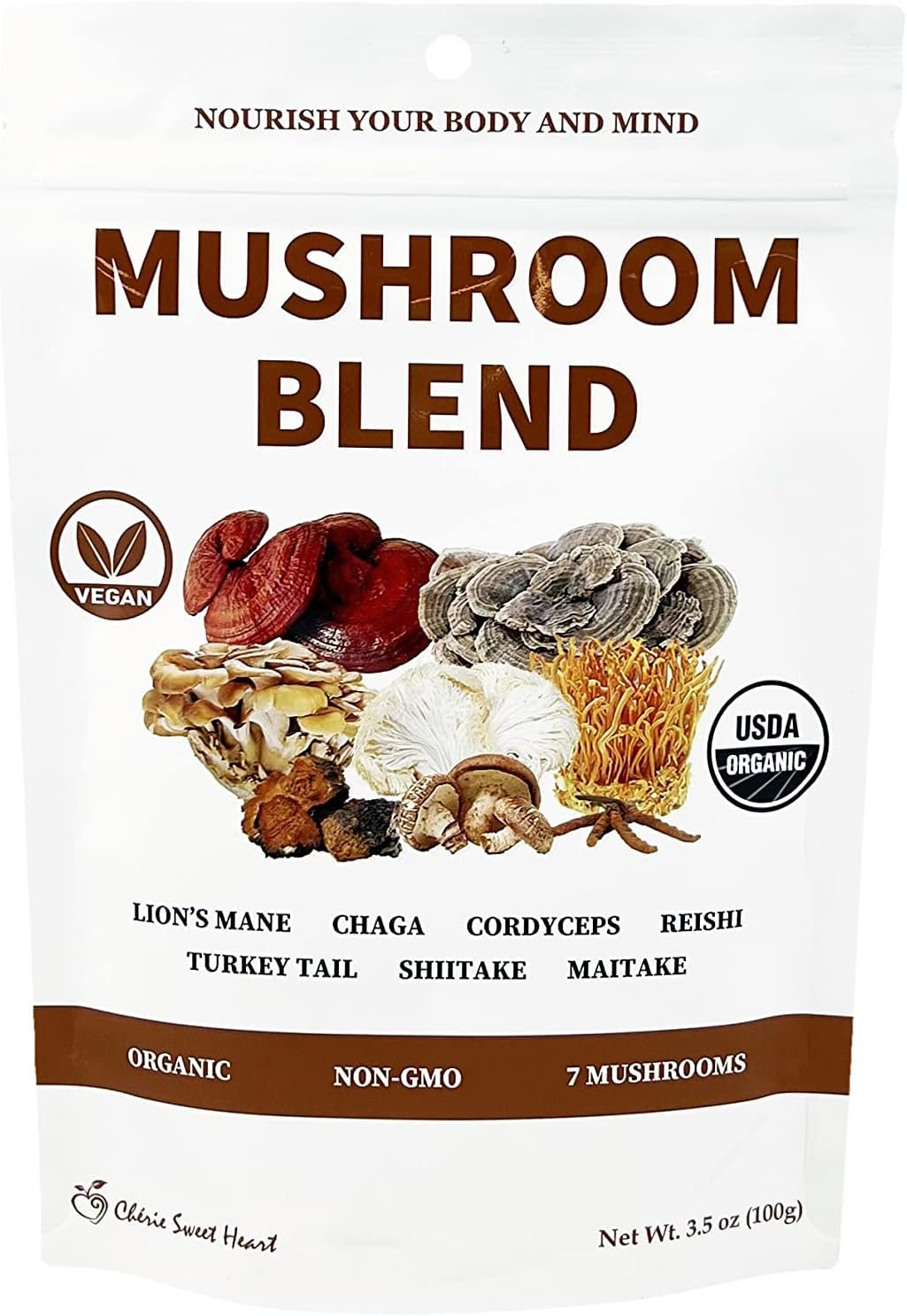 Cherie Sweet Heart 7 Mushroom Extract Powder – USDA Organic Superfood Blend with Lion’s Mane, Reishi, Cordyceps, Maitake, Shiitake, Turkey Tail & Chaga – Vegan, Non-GMO, Gluten-Free – 3.5 oz