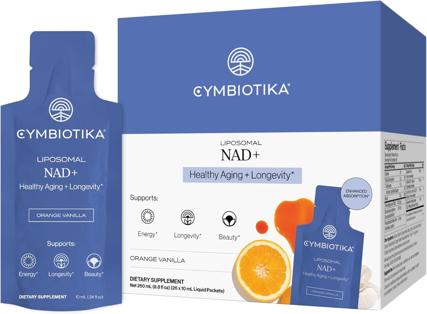 CYMBIOTIKA Liposomal NAD+ Supplement, Cellular Energy, Healthy Aging, Skin Health, Lutemax, Enhanced Absorption, Gluten Free, Soy Free, Plant-Based, 26 x 10 mL Liquid Packets