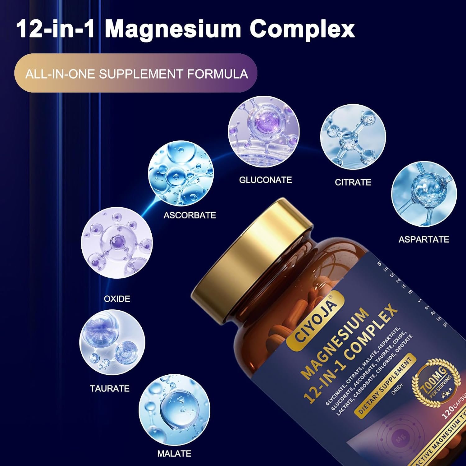 12-in-1 Magnesium Complex for Women Men: Magnesium Glycinate 700mg with Citrate, Malate Taurate Chelated Forms – High Absorption Magnesium Supplement for Relaxation Muscle Heart – 120 Vegan Capsules