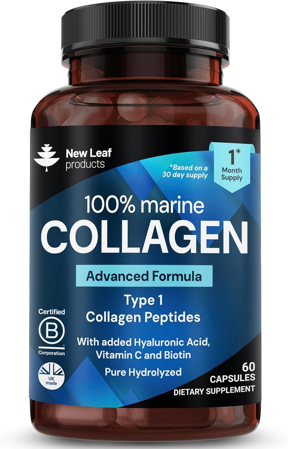 Collagen Supplements for Women & Men – Marine Collagen Peptides 1060mg per Serving with Hyaluronic Acid, Vitamin C & Biotin – Hydrolyzed Fish Collagen for Hair Skin & Nails – 60 Capsules by New Leaf