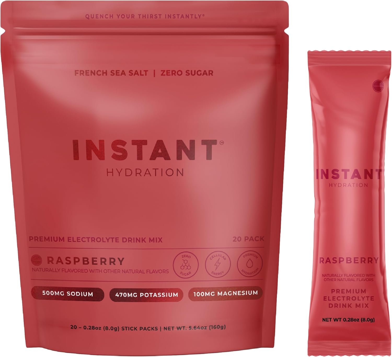 Instant Hydration Sugar Free Electrolytes Powder Packets – Raspberry Electrolyte Drink Mix & Travel Essentials – Post Workout Recovery, Brain Health, Muscle & Tissue Support – 20 Sticks